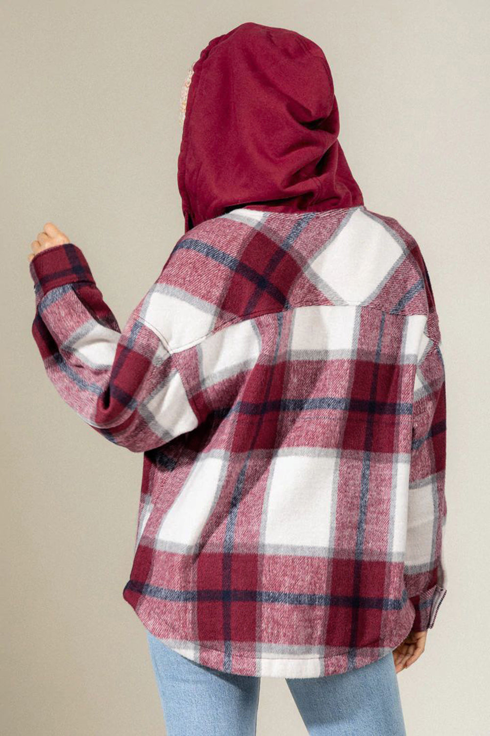 Drawstring Plaid Dropped Shoulder Hooded Shacket-TOPS / DRESSES-[Adult]-[Female]-2022 Online Blue Zone Planet