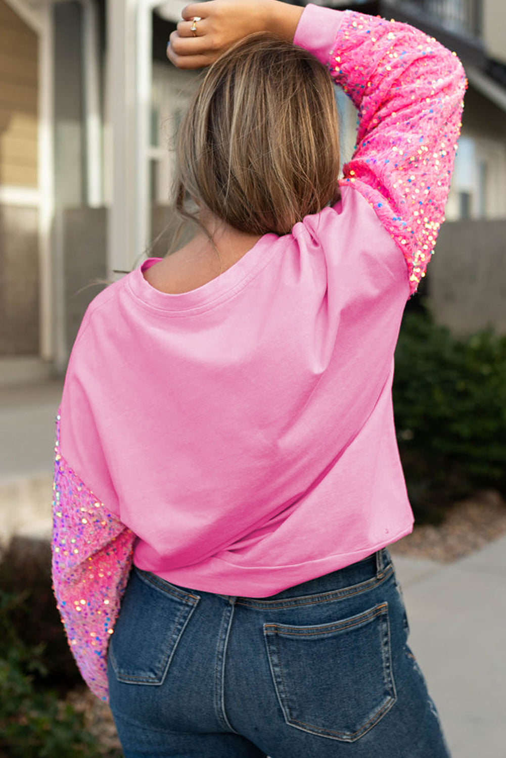 Blue Zone Planet | Pink Plus Size Santa Christmas Sequin Sleeve Patchwork Sweatshirt-Graphic Sweatshirts-[Adult]-[Female]-2022 Online Blue Zone Planet