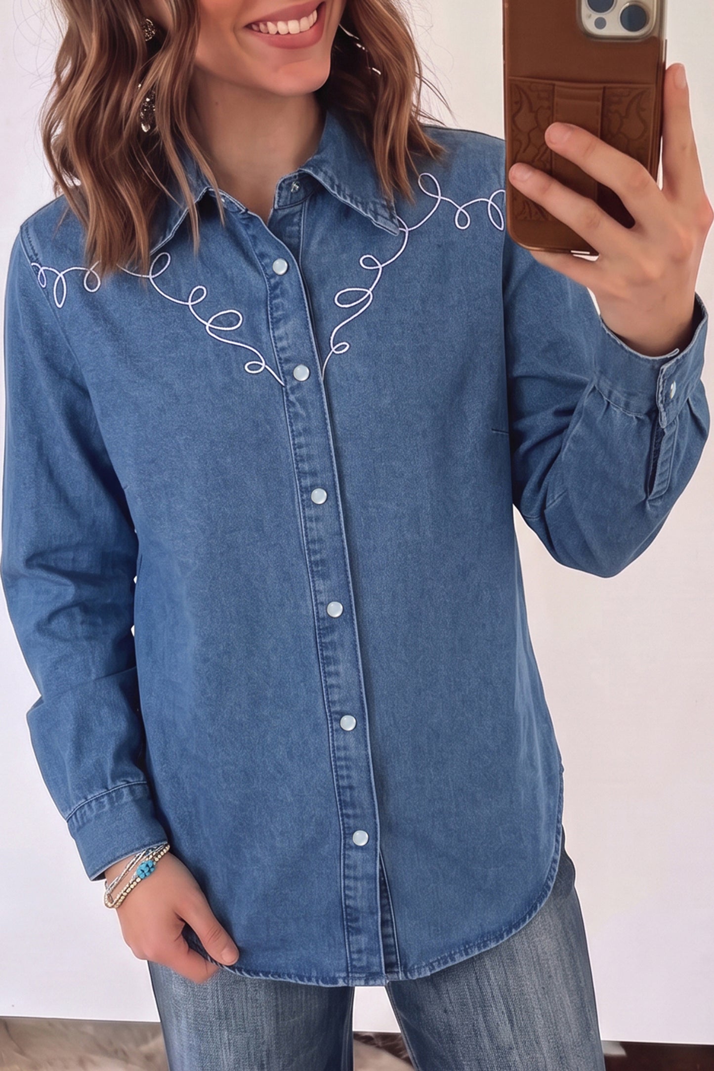 Dusk Blue Western Embroidered Collar Long Sleeve Denim Shirt
