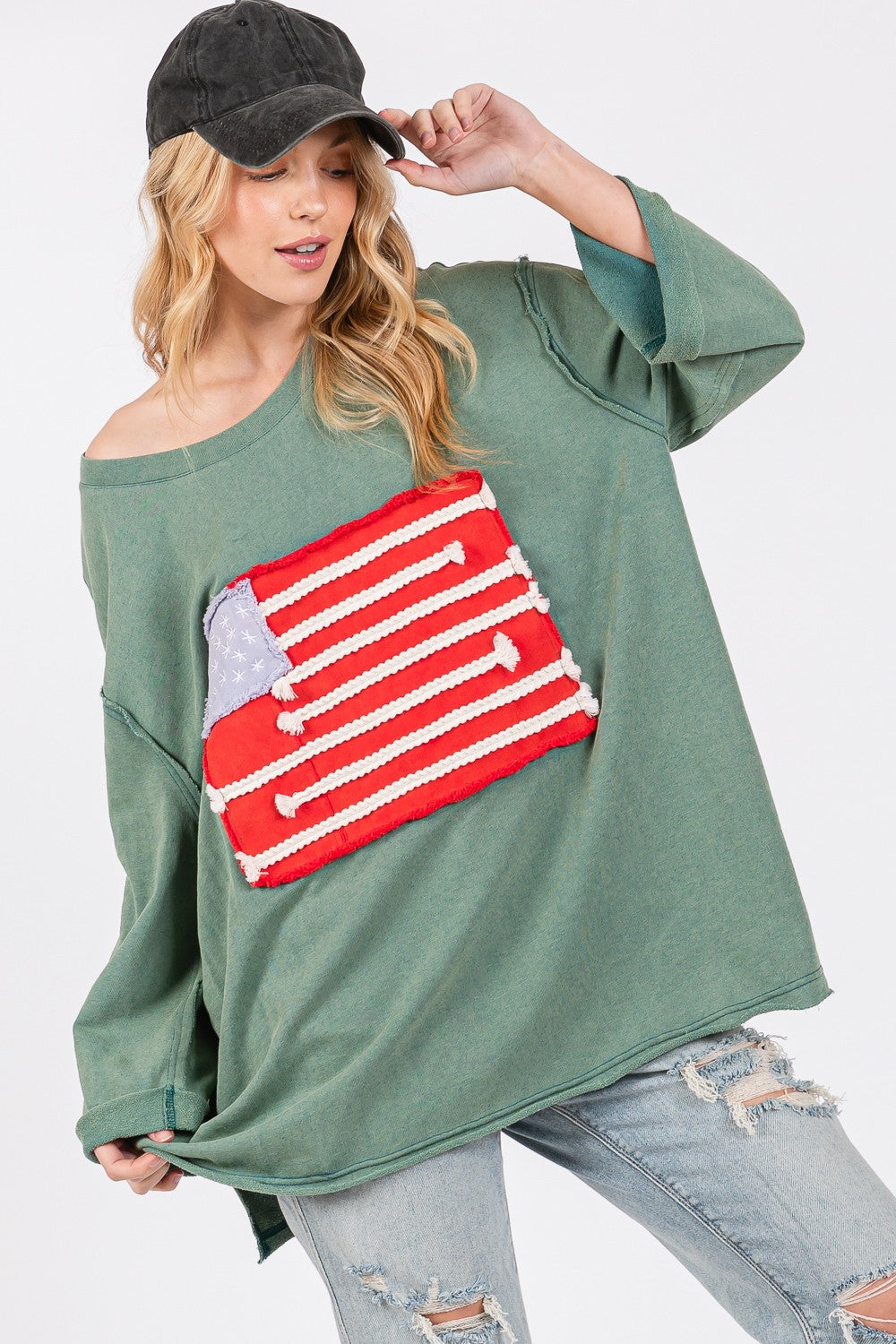 Blue Zone Planet | SAGE + FIG Full Size American Flag Patch Drop Shoulder T-Shirt-TOPS / DRESSES-[Adult]-[Female]-2022 Online Blue Zone Planet