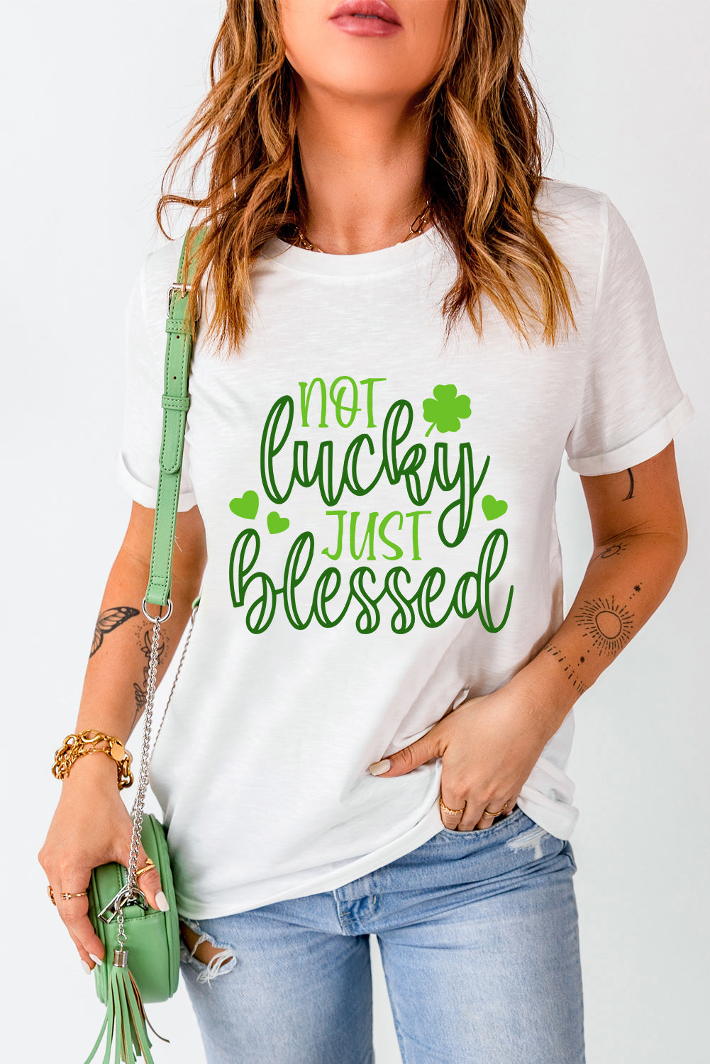 White St Patricks Not Luck Just Blessed Graphic T-shirt-Graphic/Graphic Tees-[Adult]-[Female]-2022 Online Blue Zone Planet