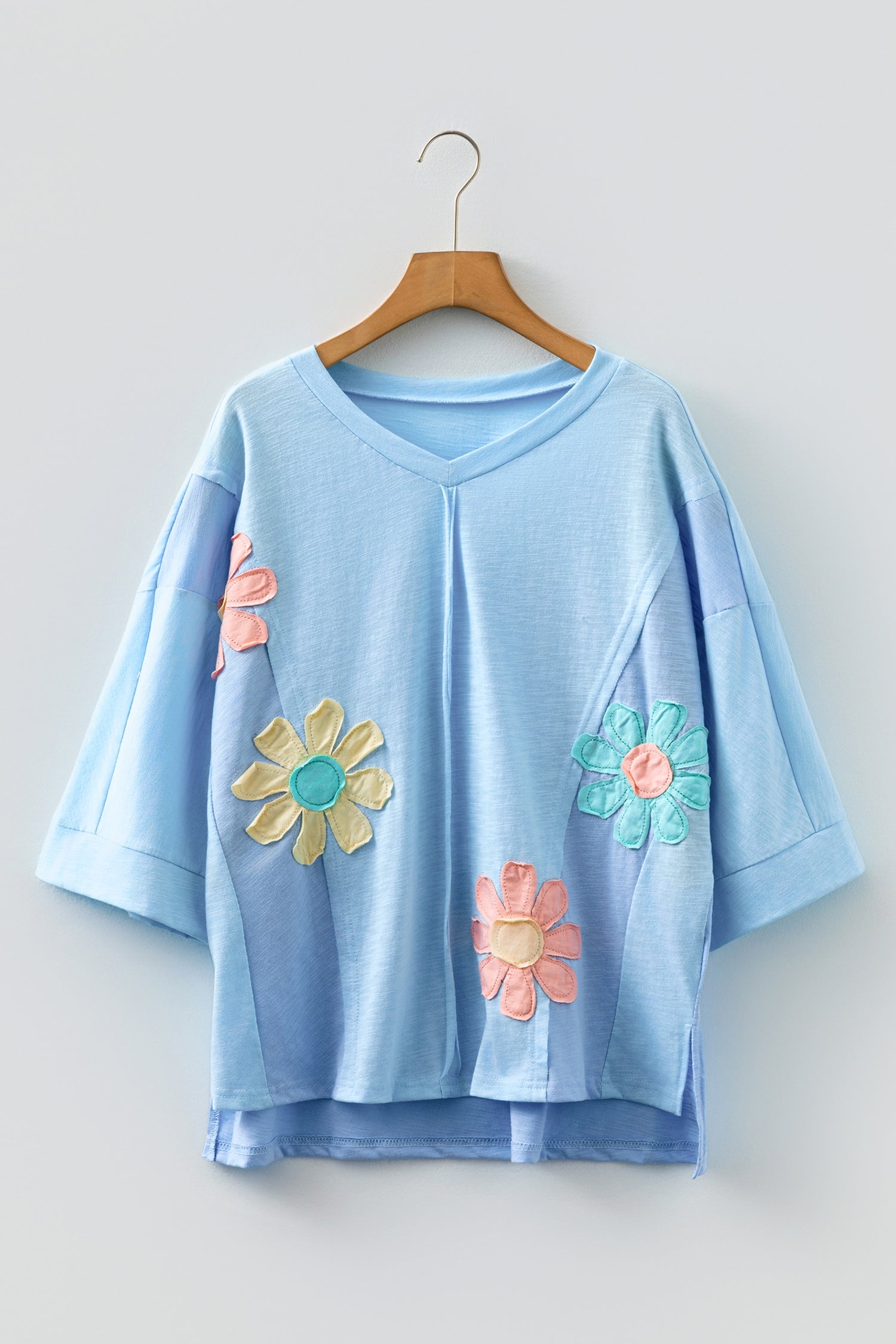 Light Blue Flower Patched Exposed Seam Bracelet Sleeve Oversized T Shirt-Bracelet-[Adult]-[Female]-2022 Online Blue Zone Planet