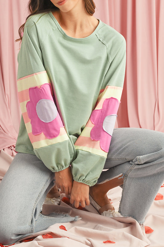 Blue Zone Planet | Smoke Green Flower Patchwork Exposed Seam Raglan Sleeve Top-Long Sleeve Tops-[Adult]-[Female]-Smoke Green-S-2022 Online Blue Zone Planet