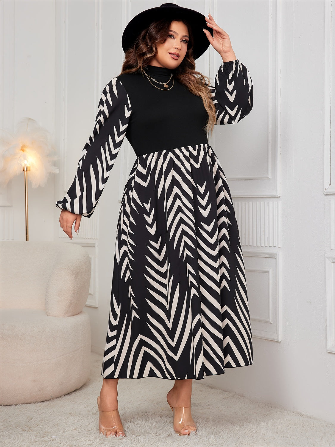 Blue Zone Planet | Plus Size Printed Mock Neck Long Sleeve Midi Dress-TOPS / DRESSES-[Adult]-[Female]-2022 Online Blue Zone Planet