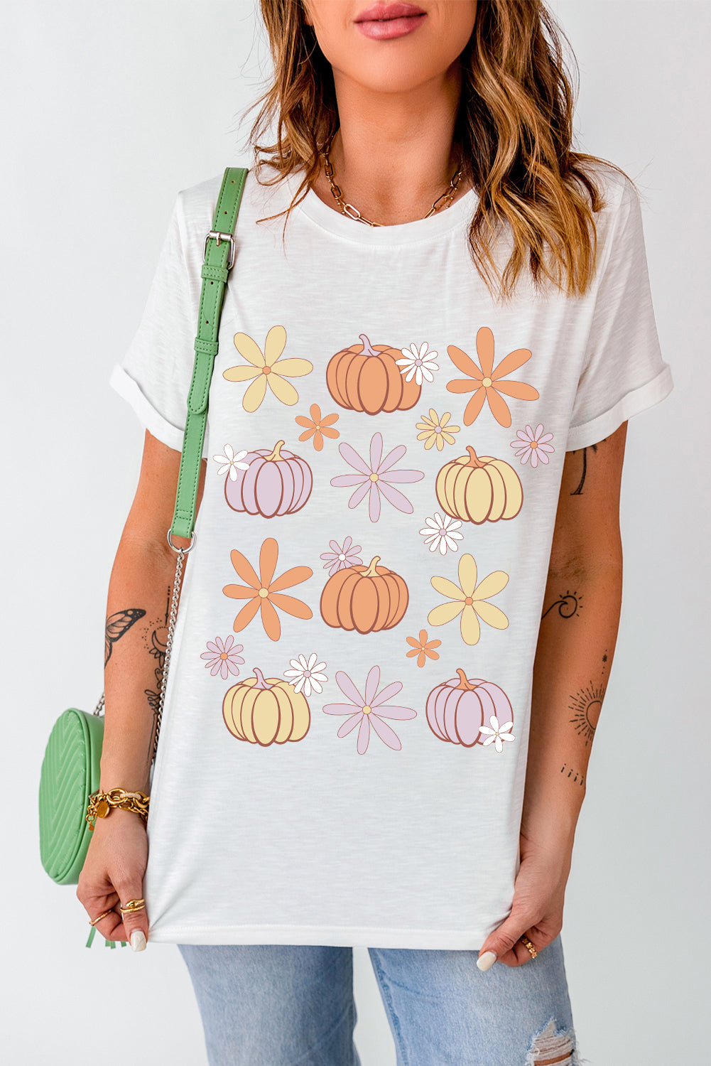 Pumpkin & Flower Round Neck Short Sleeve T-Shirt-TOPS / DRESSES-[Adult]-[Female]-White-S-2022 Online Blue Zone Planet