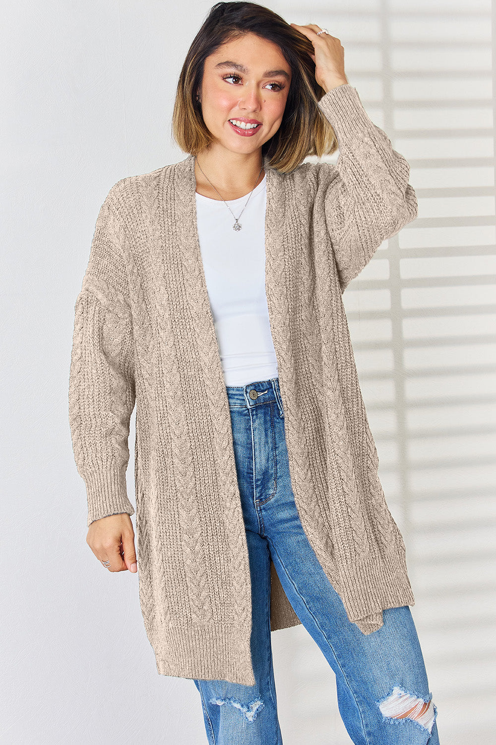 Cable-Knit Open Front Dropped Shoulder Cardigan-TOPS / DRESSES-[Adult]-[Female]-Khaki-S-2022 Online Blue Zone Planet