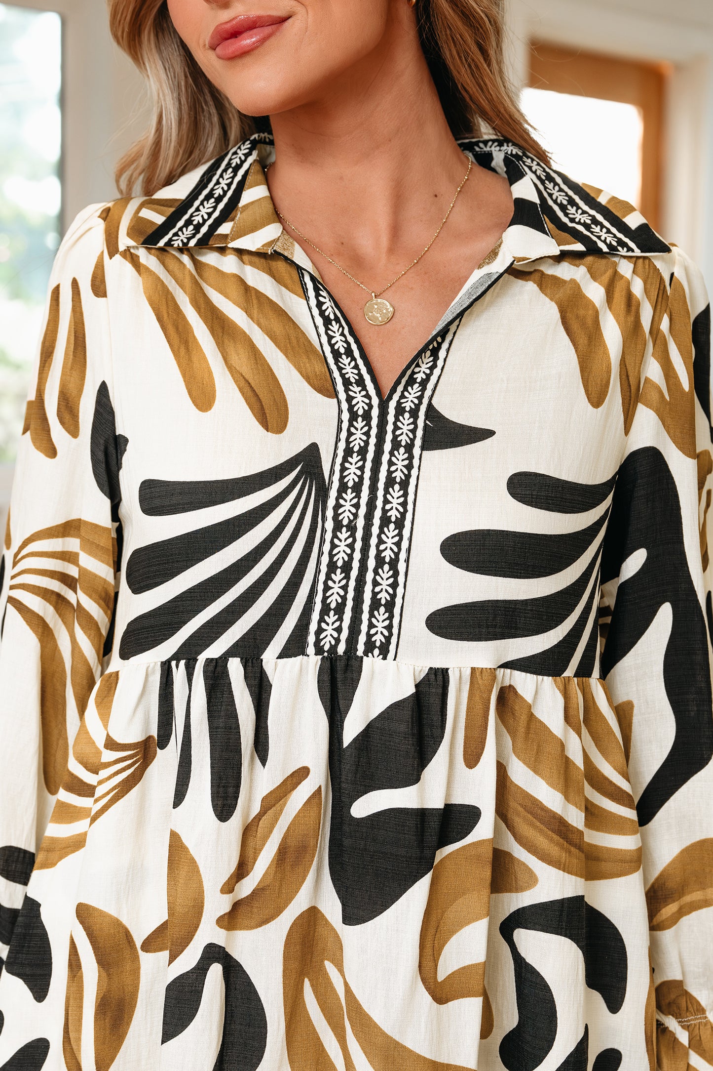 Brown Tropical Printed Contrast Trim Neck Long Sleeve Ruffle Hem Dress-TOPS / DRESSES-[Adult]-[Female]-2022 Online Blue Zone Planet