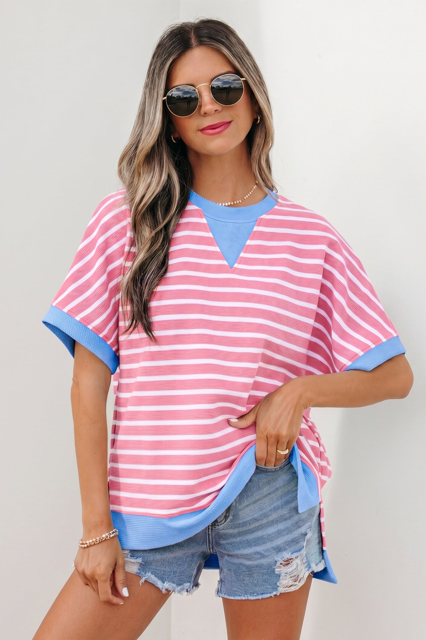Pink Stripe Contrast Trim Loose Short Sleeve Top-Tops/Tops & Tees-[Adult]-[Female]-2022 Online Blue Zone Planet