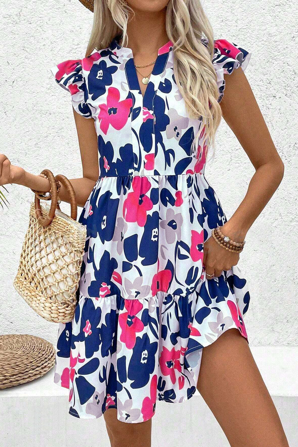 Fashion Floral Print Notched Neck Flutter Sleeve Mini Dress-TOPS / DRESSES-[Adult]-[Female]-Rose-S-2022 Online Blue Zone Planet