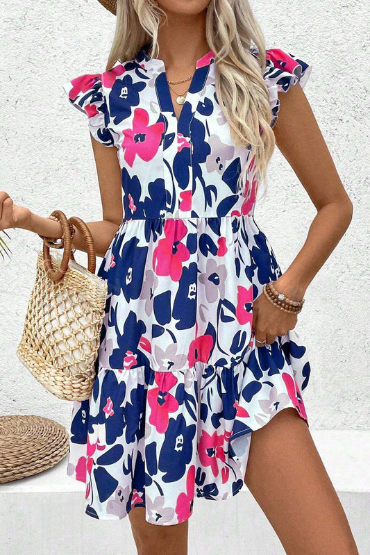 Fashion Floral Print Notched Neck Flutter Sleeve Mini Dress-TOPS / DRESSES-[Adult]-[Female]-Rose-S-2022 Online Blue Zone Planet
