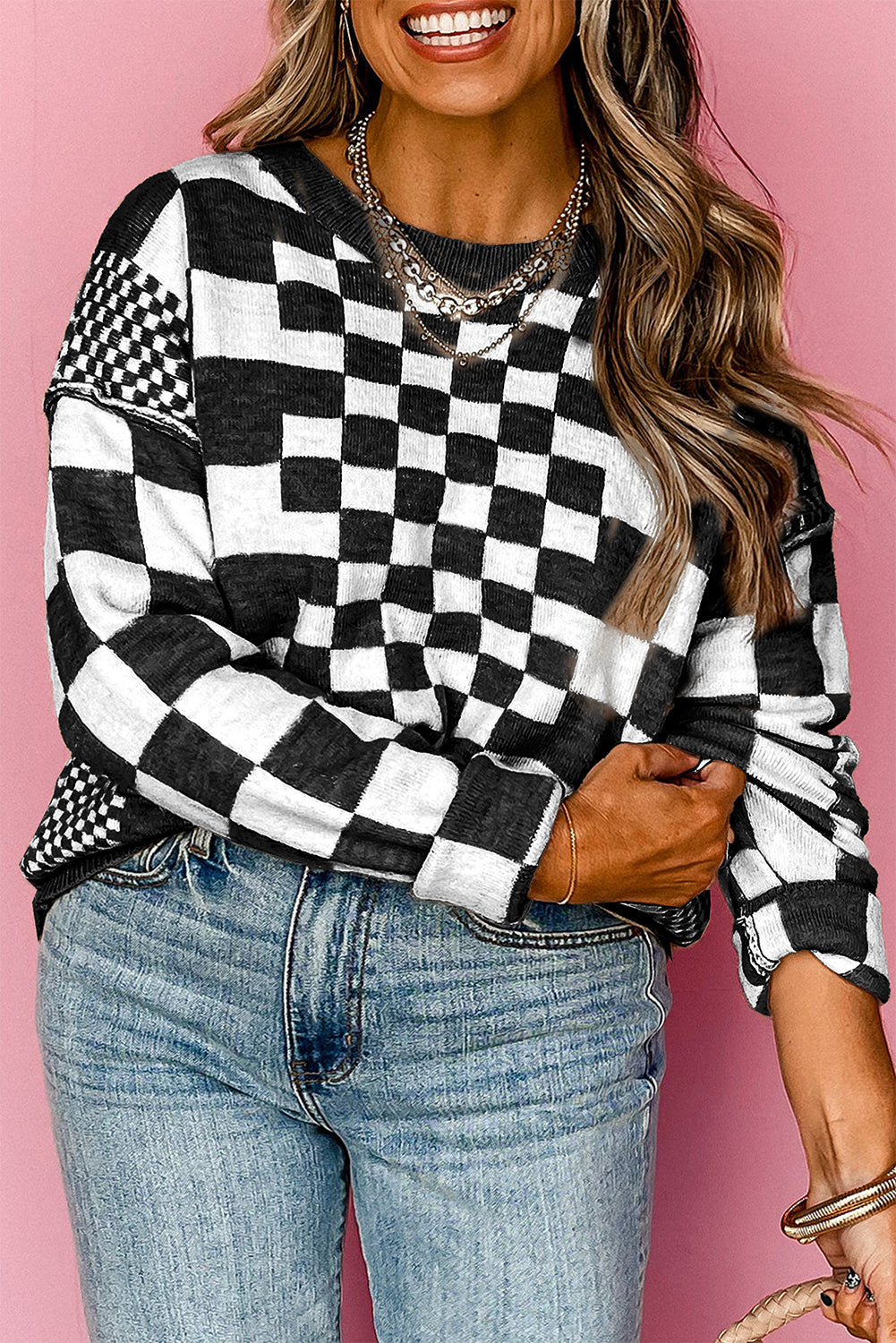 Gray Checkered Print Drop Shoulder Round Neck Sweater-Sweaters & Cardigans/Sweaters-[Adult]-[Female]-2022 Online Blue Zone Planet