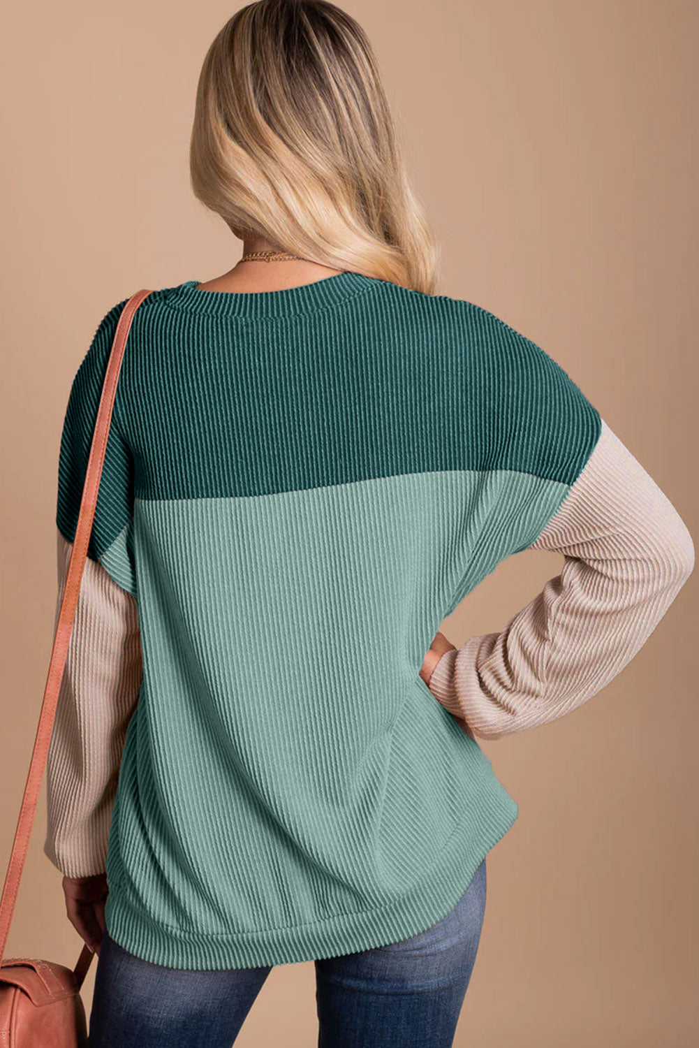 Green Color Block Long Sleeve Ribbed Loose Top-Sale (50% OFF)/30% OFF-[Adult]-[Female]-2022 Online Blue Zone Planet
