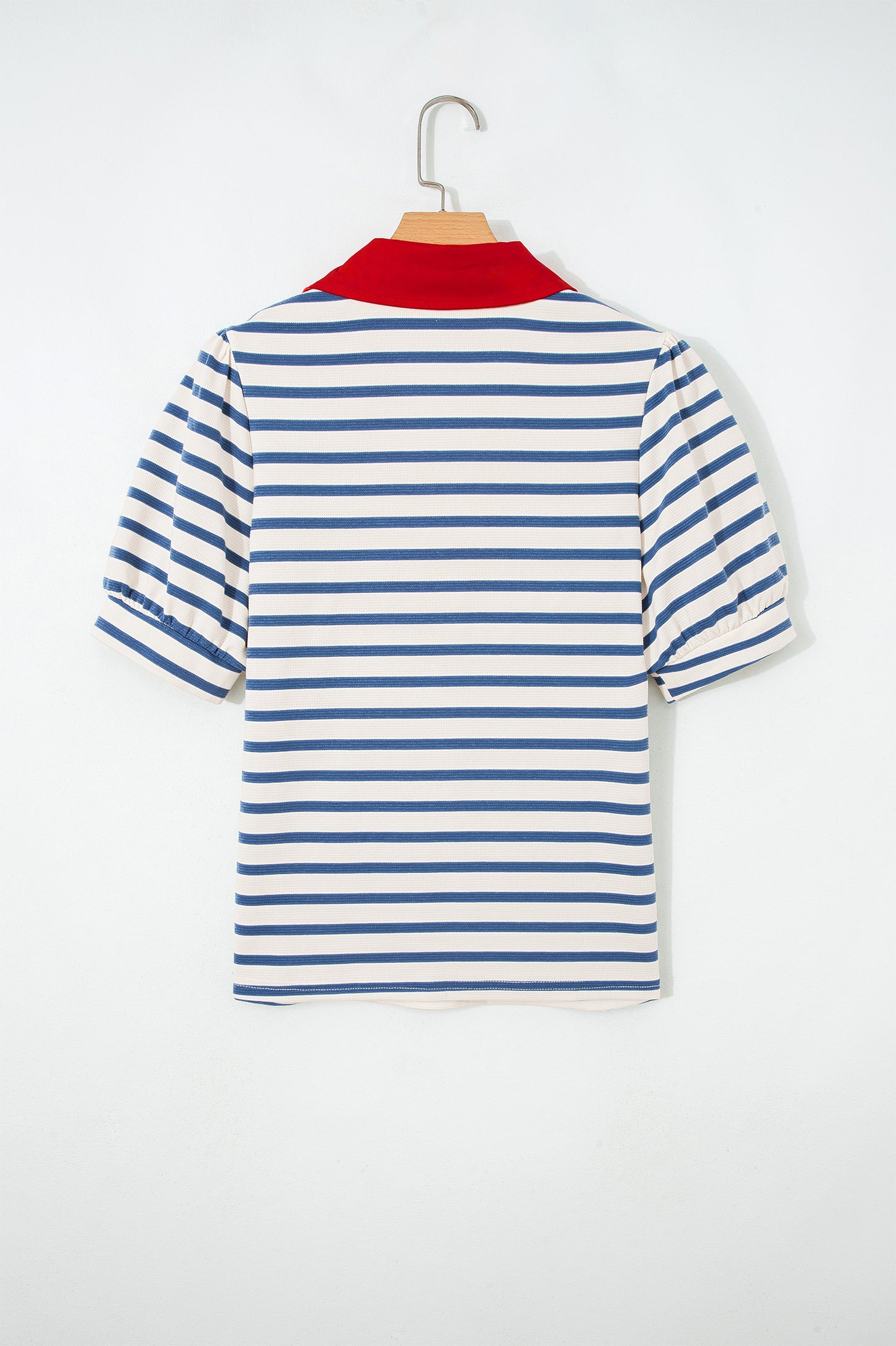 Blue Stripe Short Puff Sleeve Color Block Polo Collar Blouse-Tops/Blouses & Shirts-[Adult]-[Female]-2022 Online Blue Zone Planet
