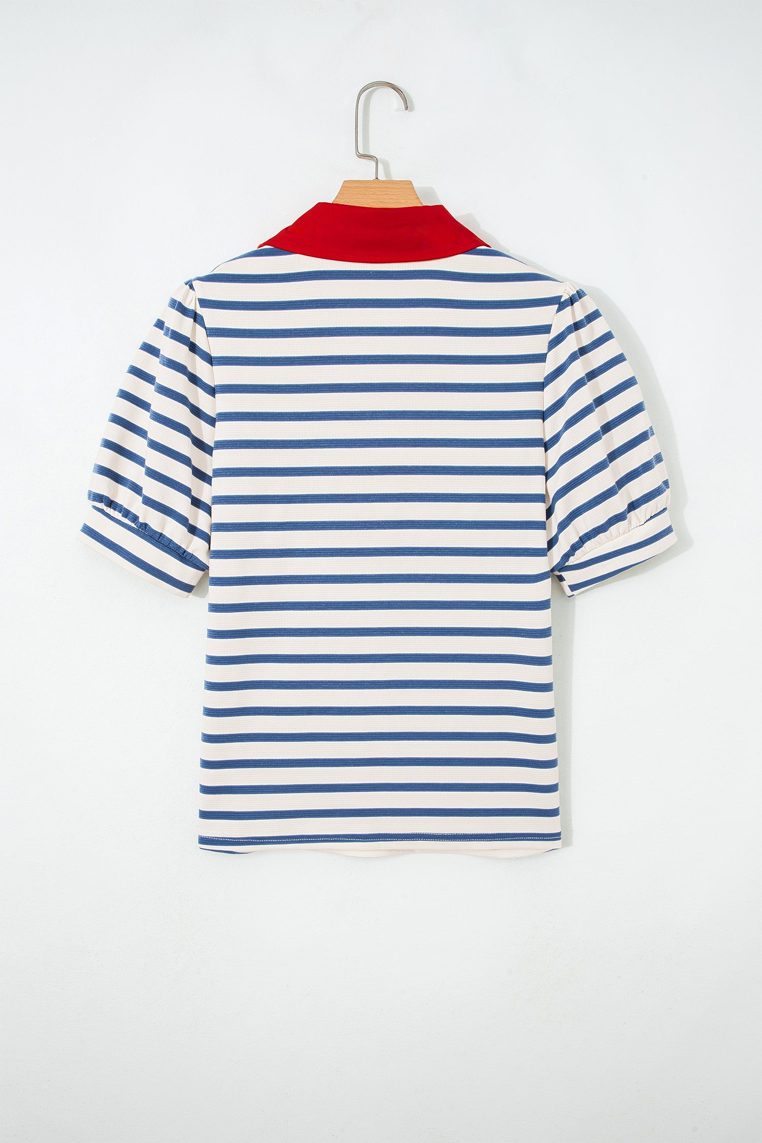 Blue Stripe Short Puff Sleeve Color Block Polo Collar Blouse-Tops/Blouses & Shirts-[Adult]-[Female]-2022 Online Blue Zone Planet