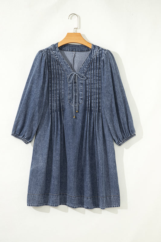 Sail Blue 3/4 Sleeve Tied V Neck Pleated Denim Mini Dress-TOPS / DRESSES-[Adult]-[Female]-2022 Online Blue Zone Planet