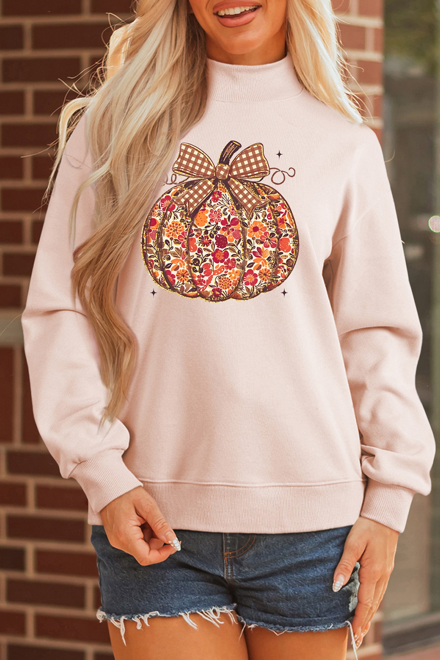 Apricot Pink Floral Pumpkin Graphic Mock Neck Oversized Sweatshirt-Graphic/Graphic Sweatshirts-[Adult]-[Female]-2022 Online Blue Zone Planet
