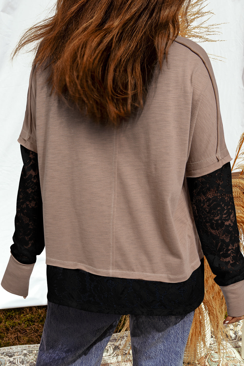 Light French Beige Sheer Lace Patchwork Casual Long Sleeve Tee-Tops/Long Sleeve Tops-[Adult]-[Female]-2022 Online Blue Zone Planet