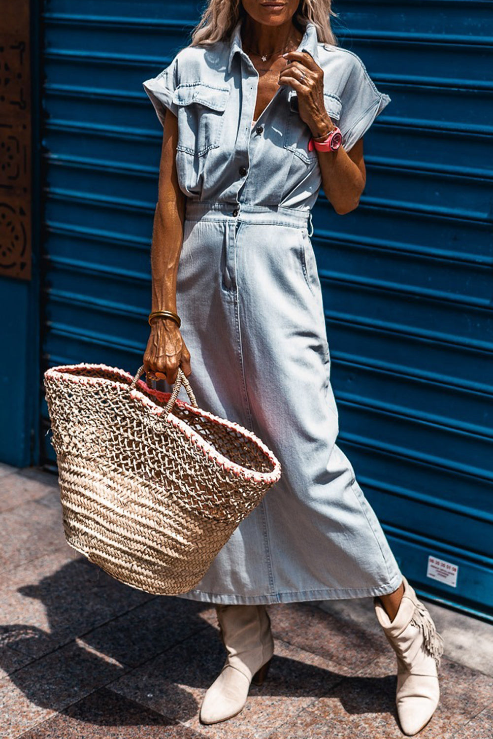 Blue Zone Planet | Beau Blue Short Batwing Sleeve Slit Back Denim Dress-TOPS / DRESSES-[Adult]-[Female]-Beau Blue-S-2022 Online Blue Zone Planet