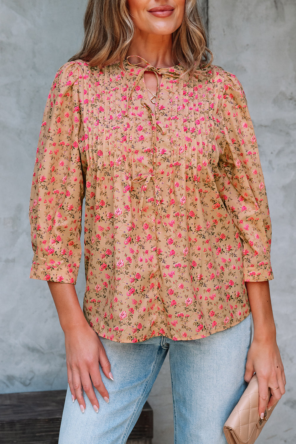 Light French Beige Floral Print Bow Pintuck Bust Half Puff Sleeve Blouse Top-Tops/Blouses & Shirts-[Adult]-[Female]-2022 Online Blue Zone Planet
