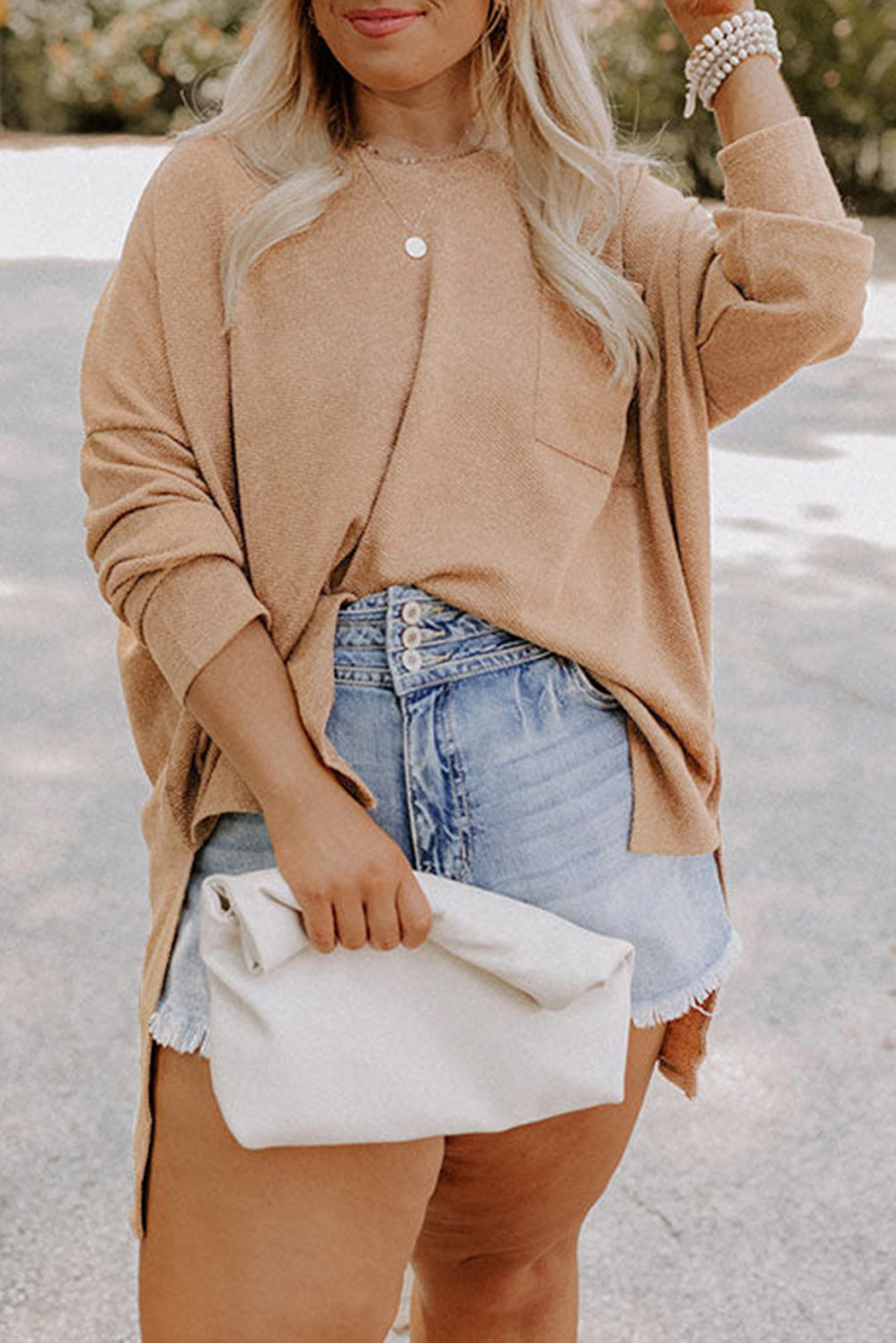 Parchment Plus Size Drop Shoulder Knit Tunic Top-Plus Size/Plus Size Tops/Plus Size Long Sleeve Tops-[Adult]-[Female]-2022 Online Blue Zone Planet