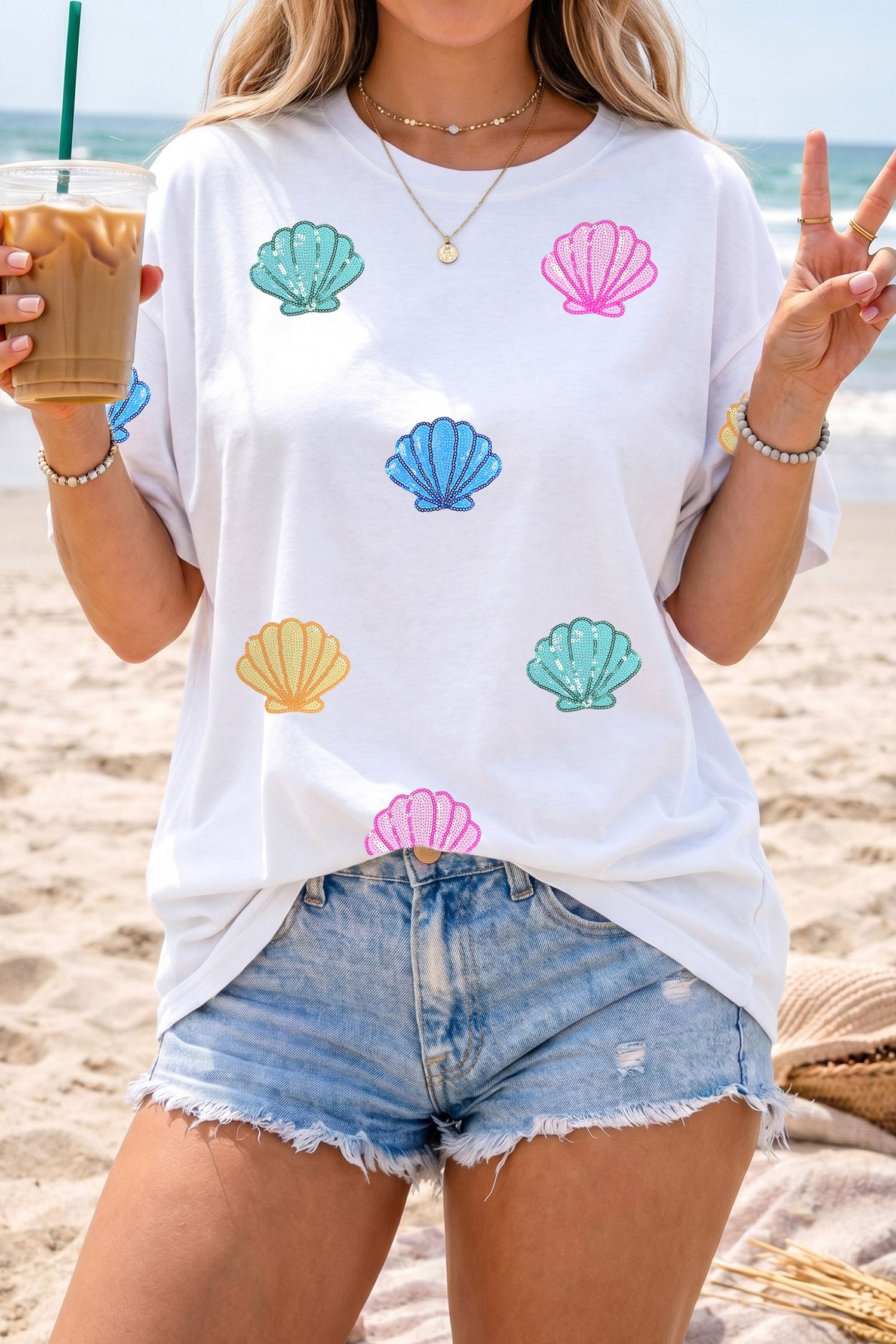 White Sequin Shell Graphic Summer Loose T Shirt-Graphic/Graphic Tees-[Adult]-[Female]-2022 Online Blue Zone Planet