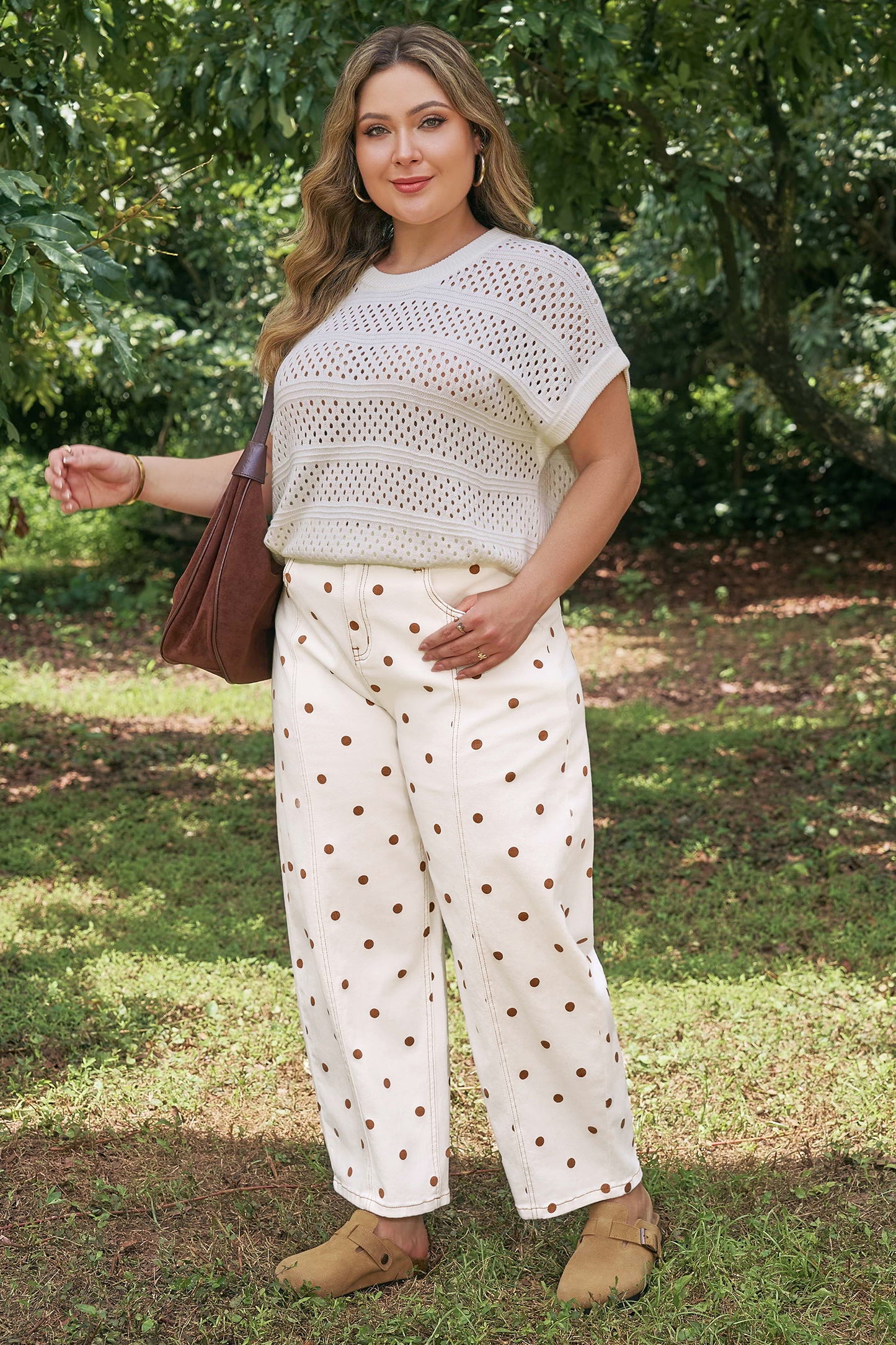 Beige Polka Dot Print Plus Size Barrel Jeans-Plus Size/Plus Size Bottoms-[Adult]-[Female]-2022 Online Blue Zone Planet