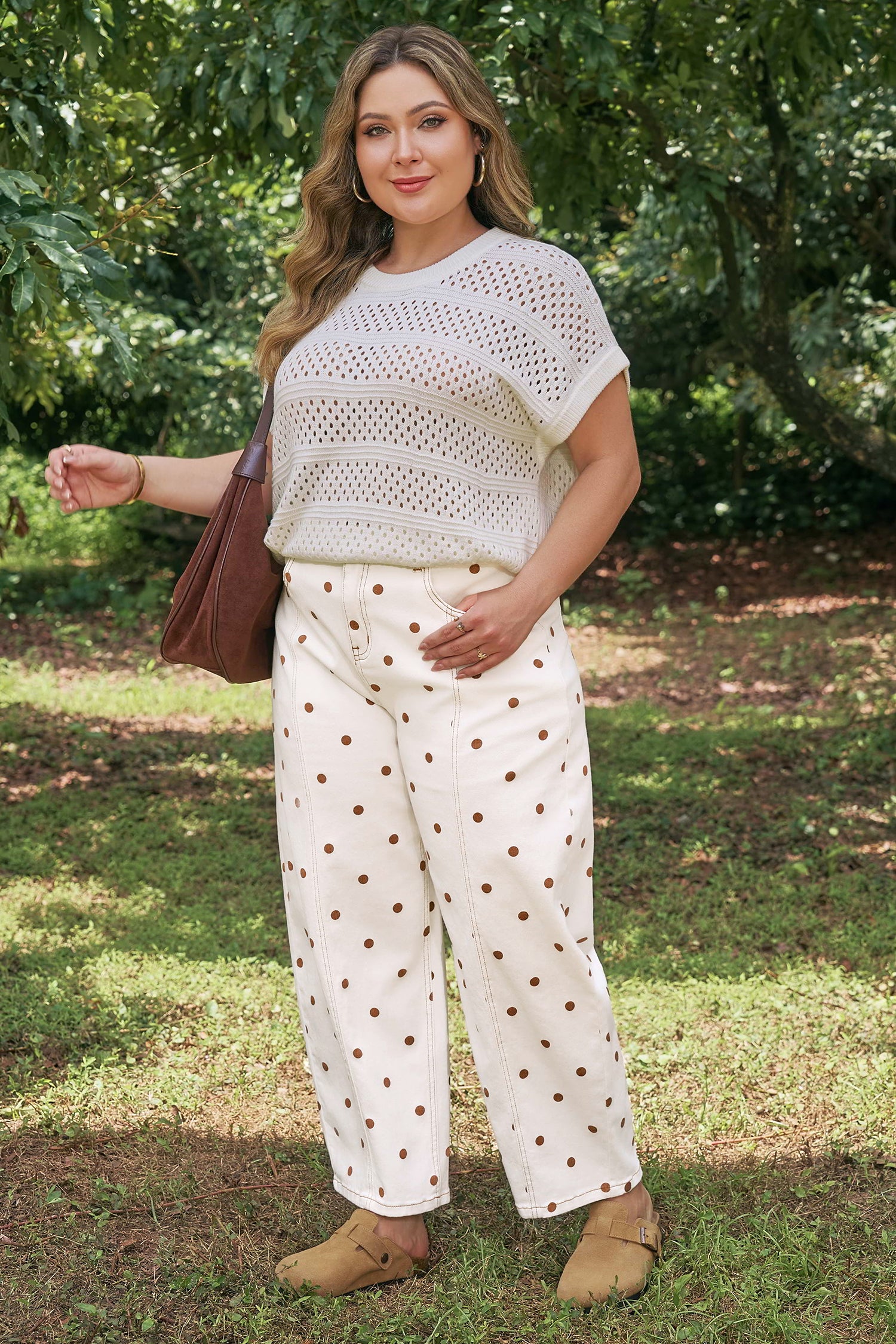 Beige Polka Dot Print Plus Size Barrel Jeans-Plus Size/Plus Size Bottoms-[Adult]-[Female]-2022 Online Blue Zone Planet