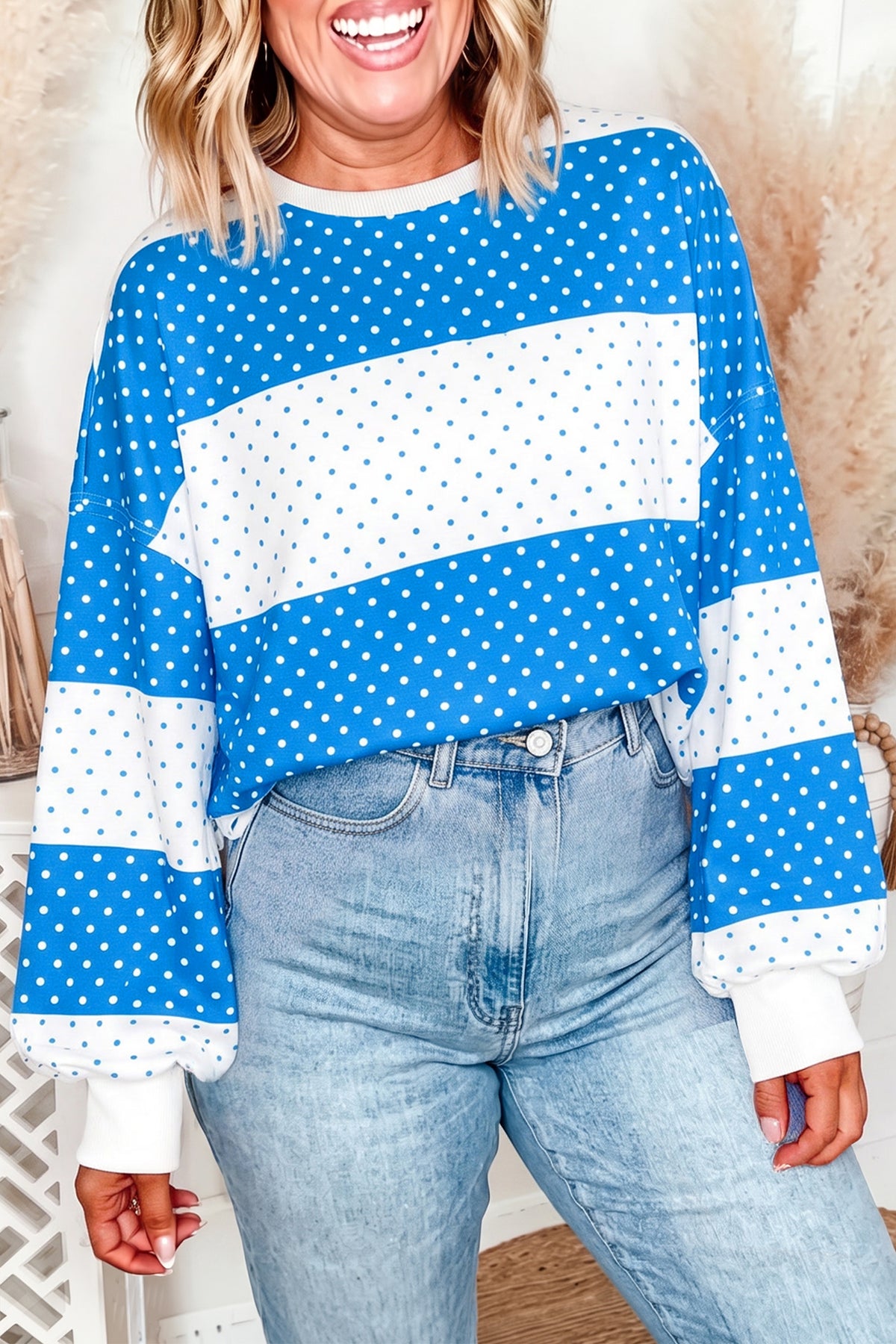 Blue Polka Dot Color Block Drop Shoulder Plus Size Long Sleeve Top-Plus Size/Plus Size Tops/Plus Size Long Sleeve Tops-[Adult]-[Female]-2022 Online Blue Zone Planet