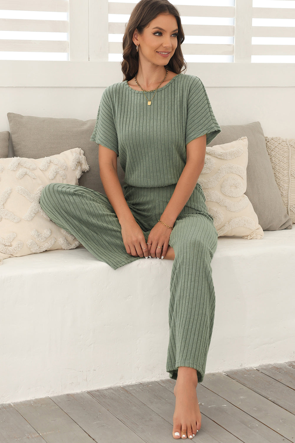 Laurel Green Ribbed Keyhole Short Sleeve Wide Leg Jumpsuit-Bottoms/Jumpsuits & Rompers-[Adult]-[Female]-2022 Online Blue Zone Planet