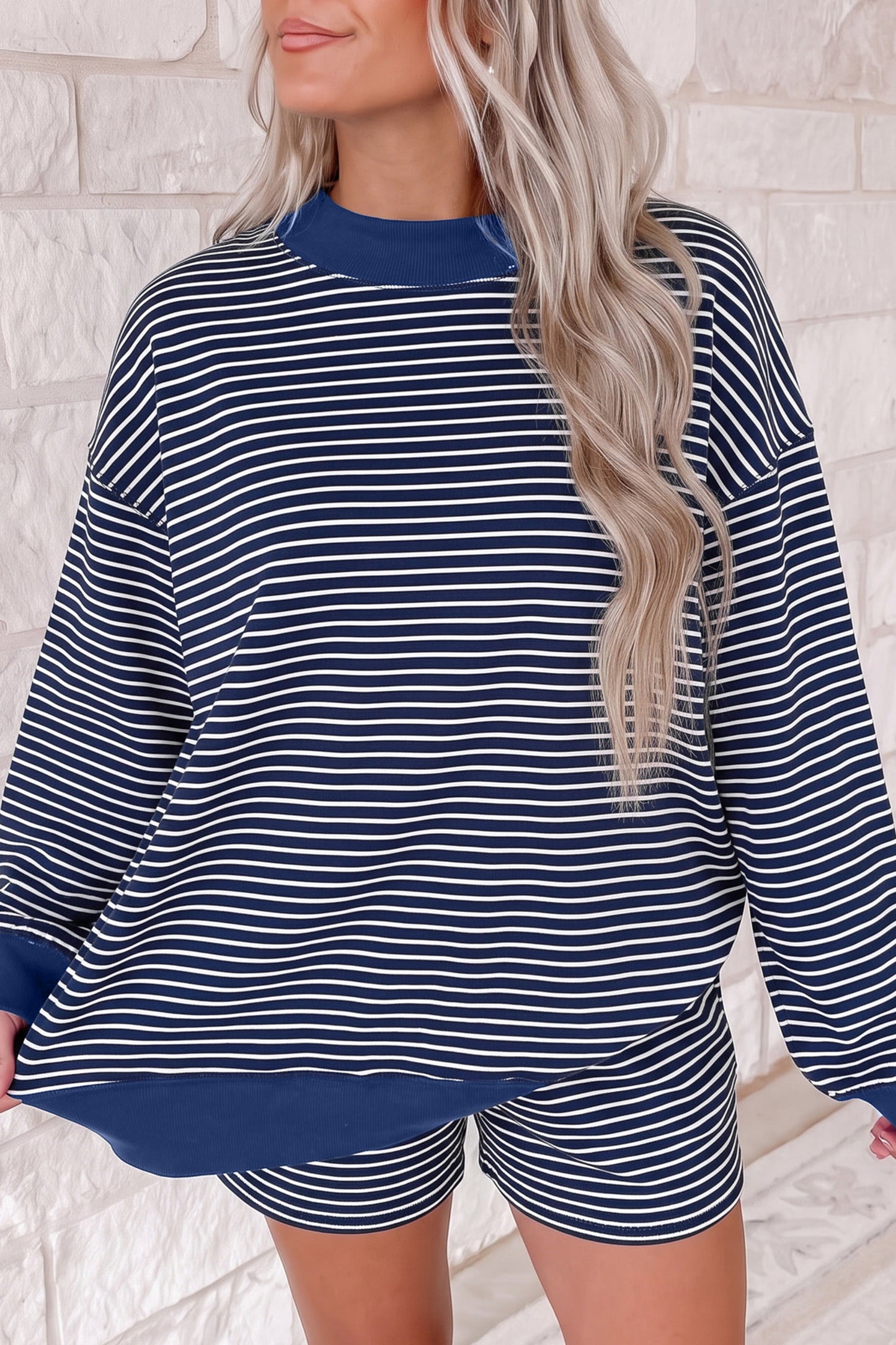 Blue Stripe Ribbed Patchwork Mock Neck Baggy Pullover Matching Shorts Set