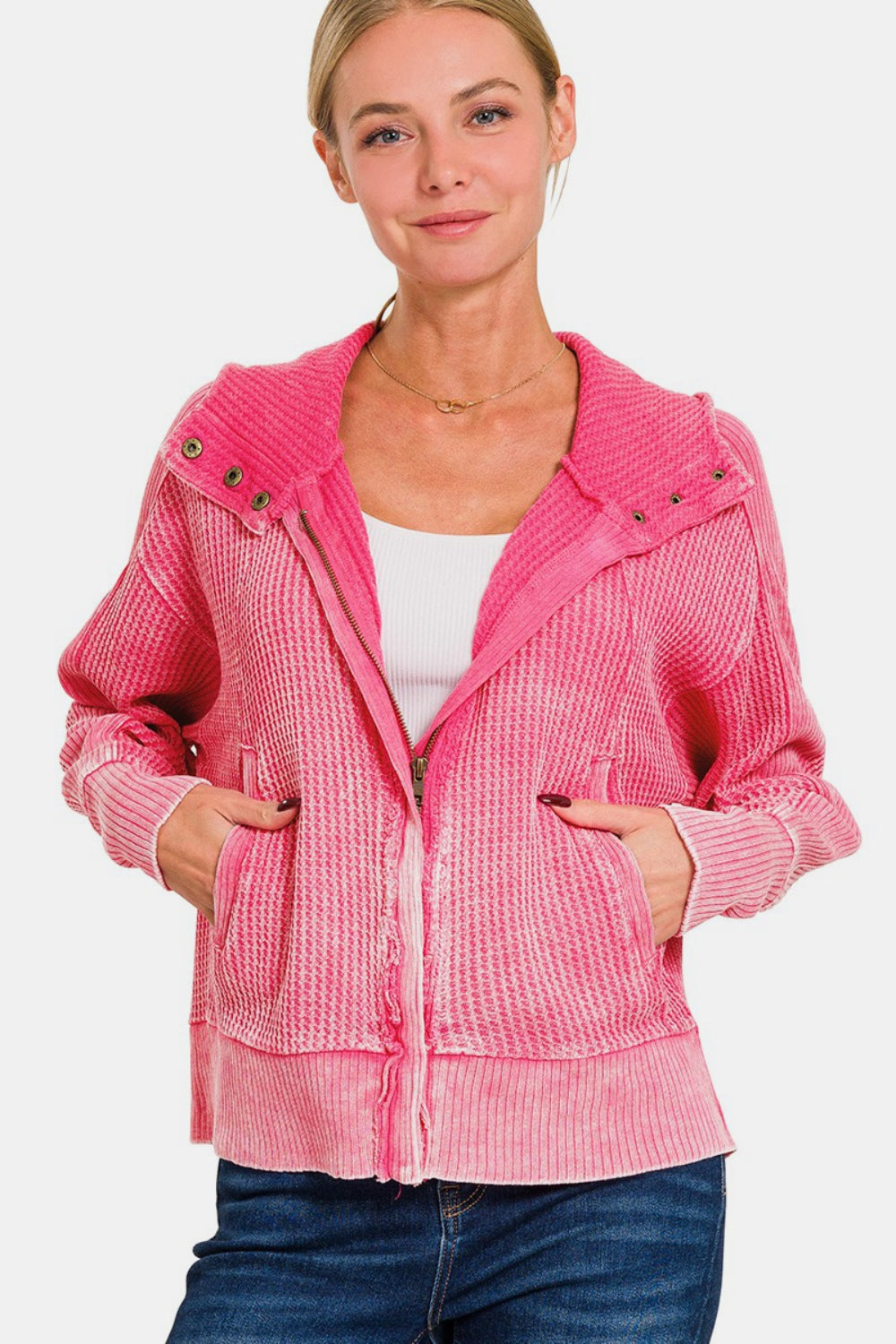 Zenana Washed Zip Up Hooded Jacket-TOPS / DRESSES-[Adult]-[Female]-Fuchsia-S-2022 Online Blue Zone Planet