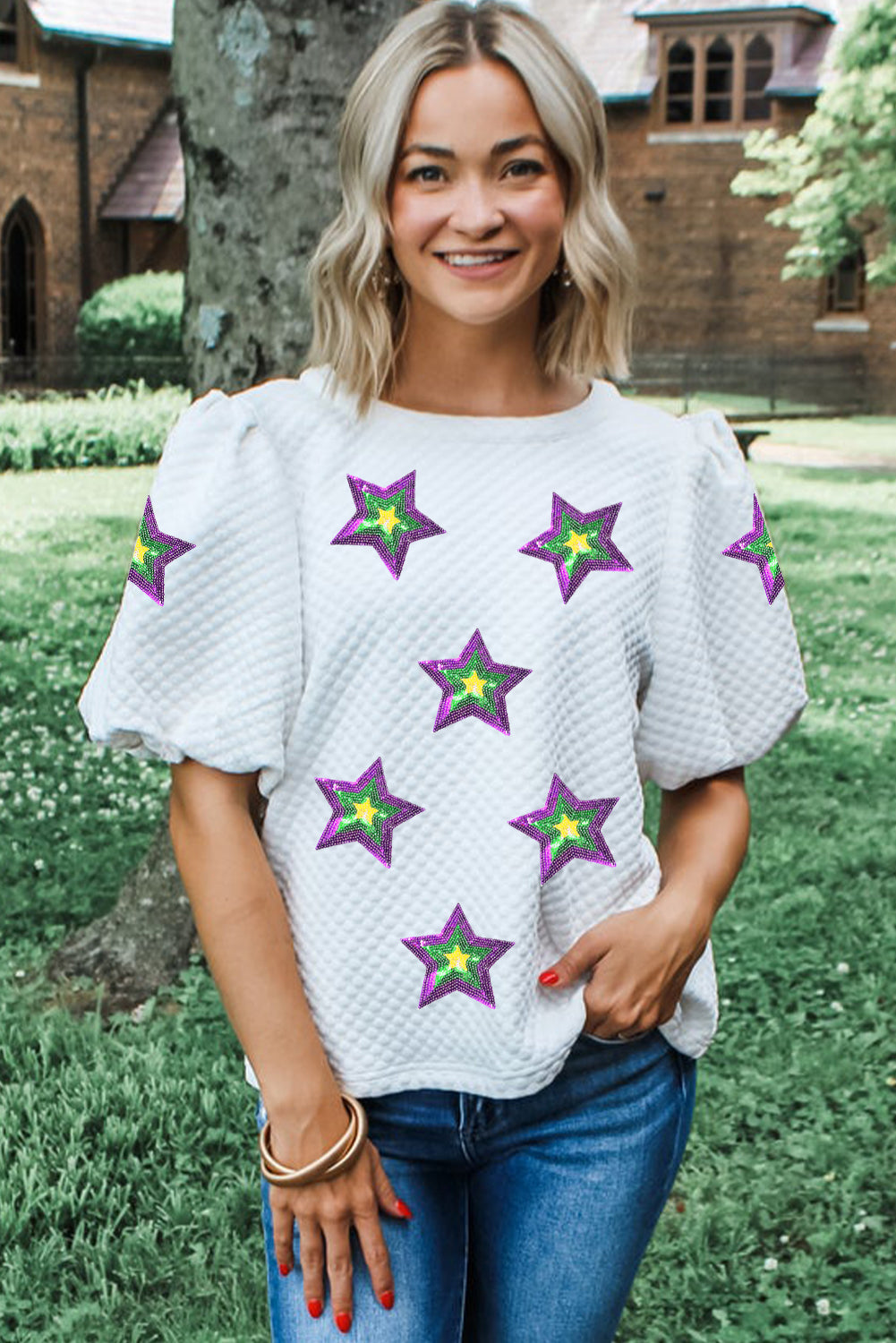White Textured Sequin Mardi Gras Star Graphic Puff Sleeve Blouse-Graphic/Graphic Tees-[Adult]-[Female]-2022 Online Blue Zone Planet