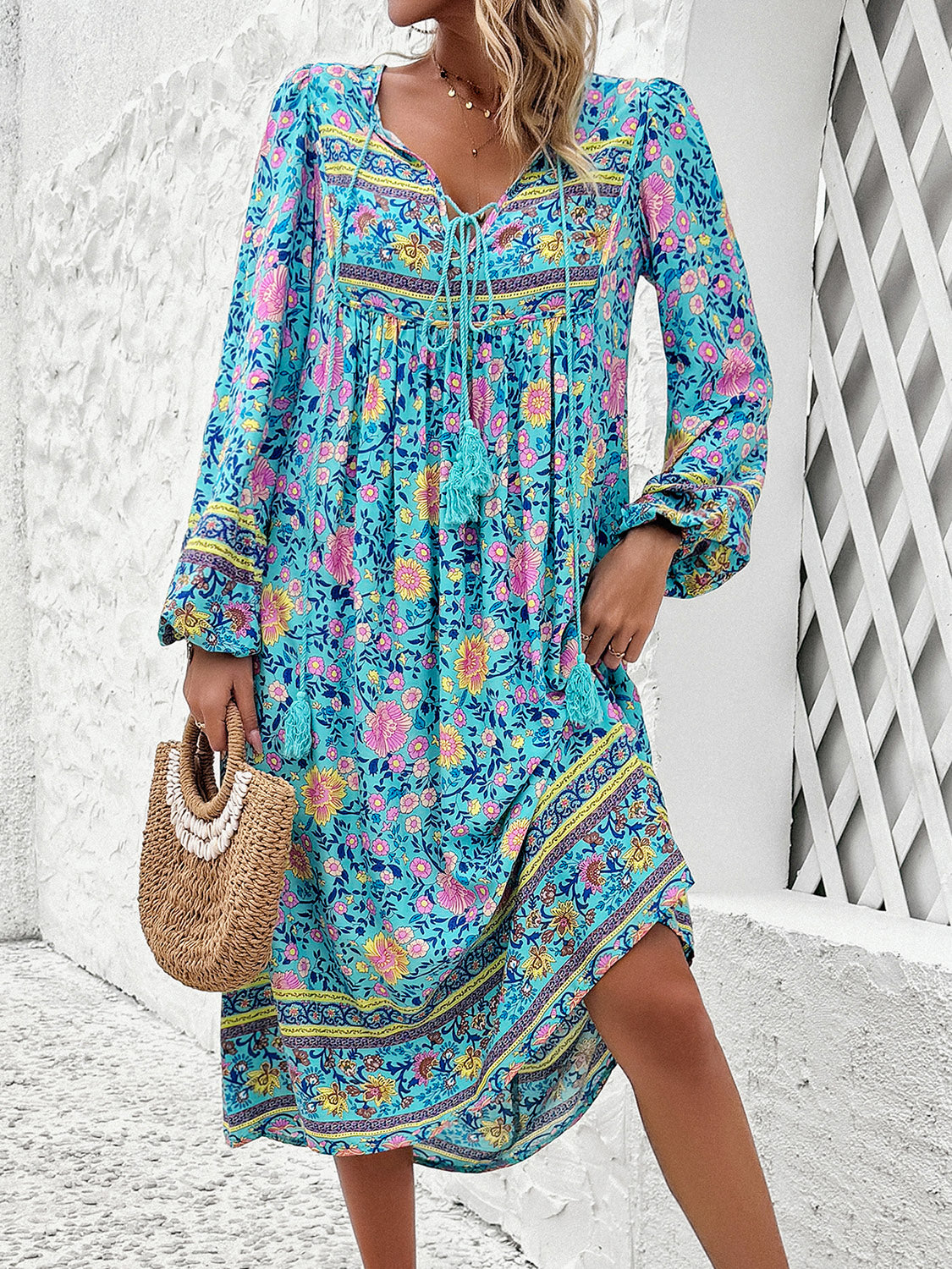 Raven's Tassel Tied Boho Printed Long Sleeve Midi Dress BLUE ZONE PLANET