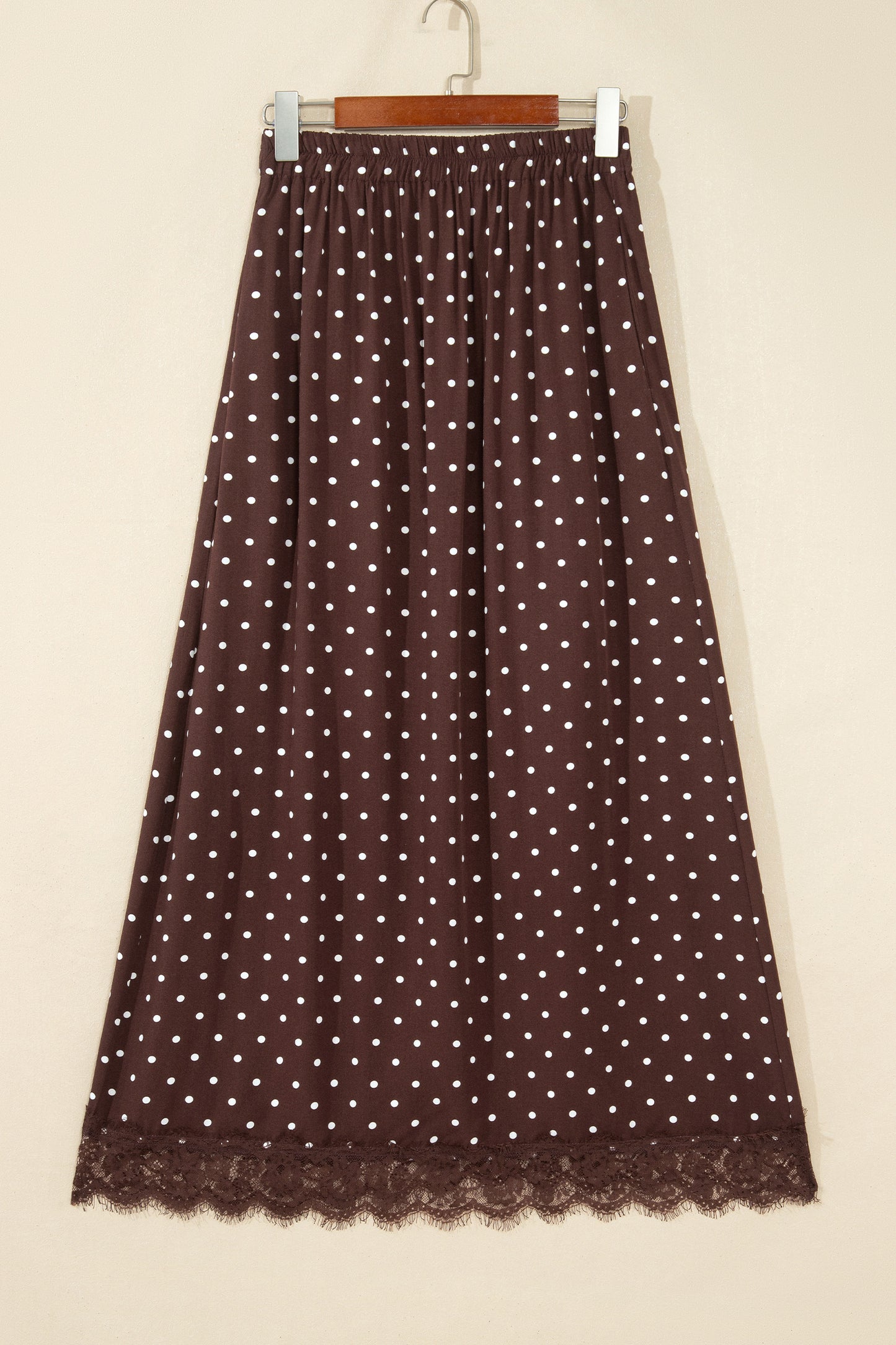 Brown Polka Dot Lace Hem Elegant Long Shift Skirt-Bottoms/Skirts & Petticoat-[Adult]-[Female]-2022 Online Blue Zone Planet