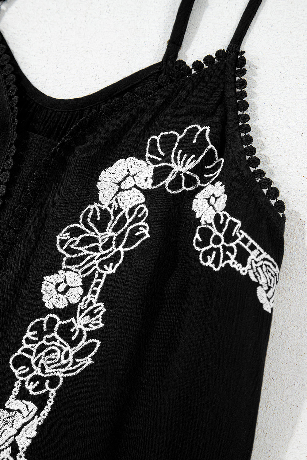 Black Floral Embroidery Ruffled Spaghetti Straps Tank Top-Tops/Tank Tops-[Adult]-[Female]-2022 Online Blue Zone Planet