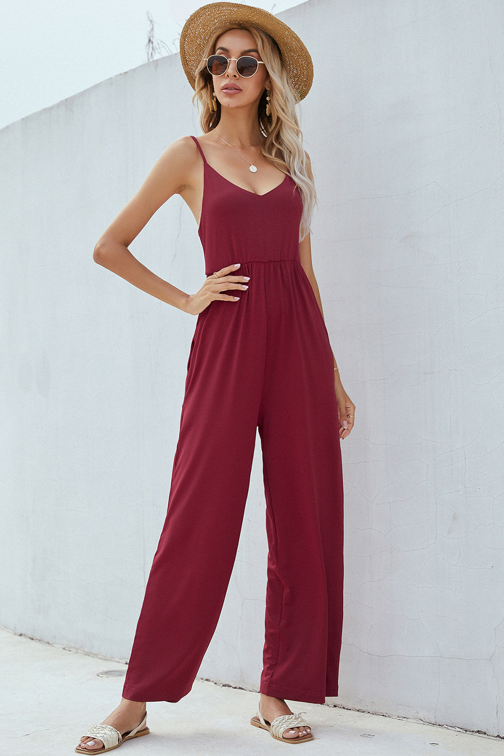 V-Neck Spaghetti Strap Wide Leg Jumpsuit-TOPS / DRESSES-[Adult]-[Female]-2022 Online Blue Zone Planet