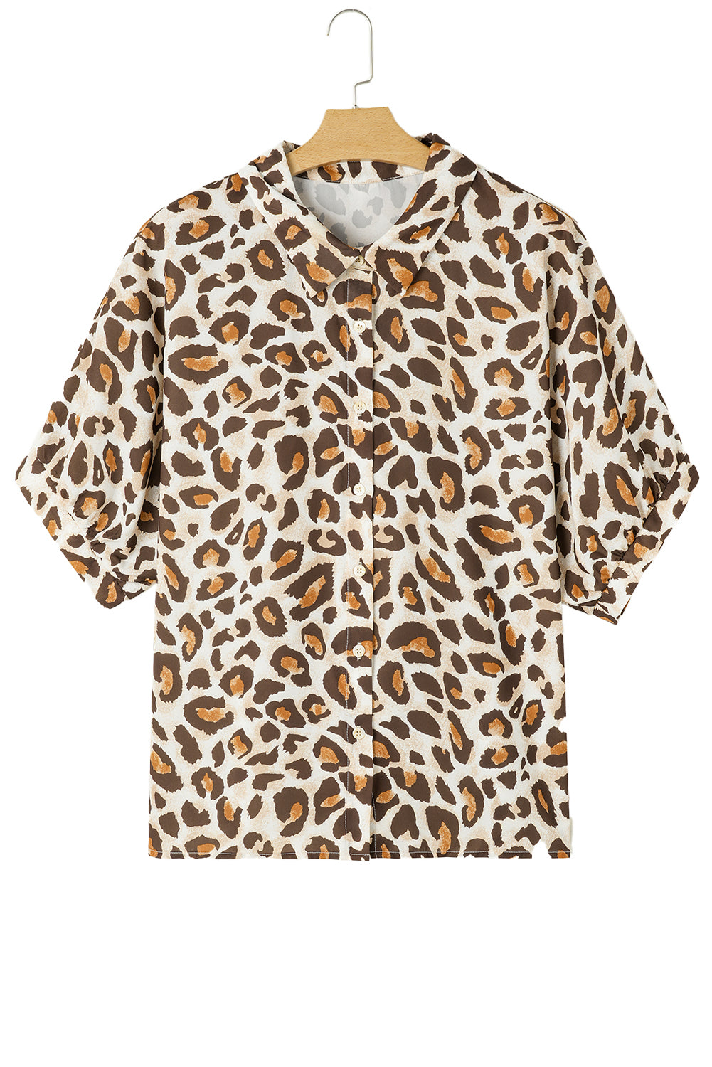 Khaki Plus Size Leopard Print Short Sleeve Buttoned Shirt-Plus Size/Plus Size Tops/Plus Size Blouses & Shirts-[Adult]-[Female]-2022 Online Blue Zone Planet
