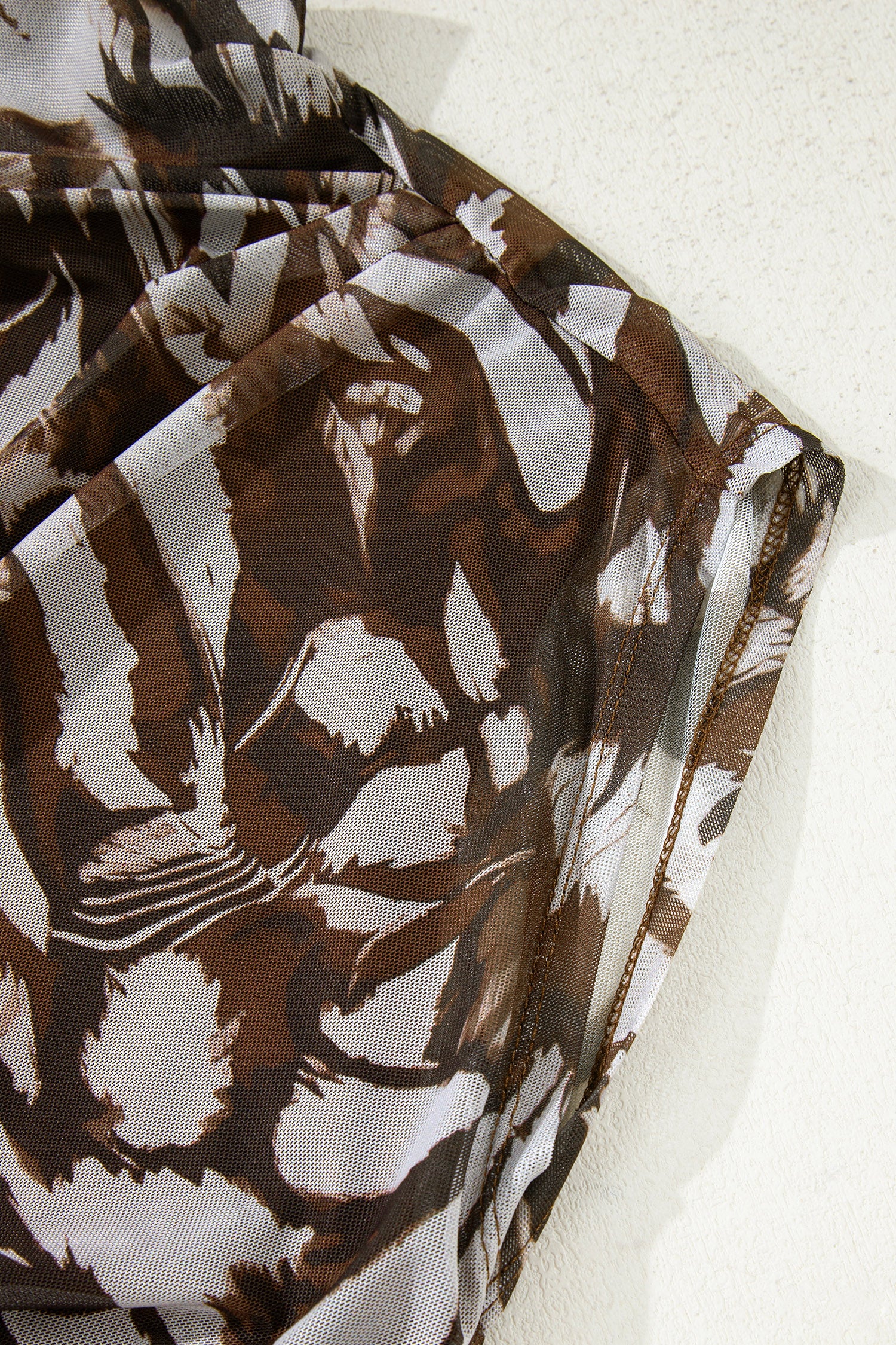 Brown Abstract Print Mesh Cowl Neck Cap Sleeve Ruched Midi Dress with Slit-TOPS / DRESSES-[Adult]-[Female]-2022 Online Blue Zone Planet