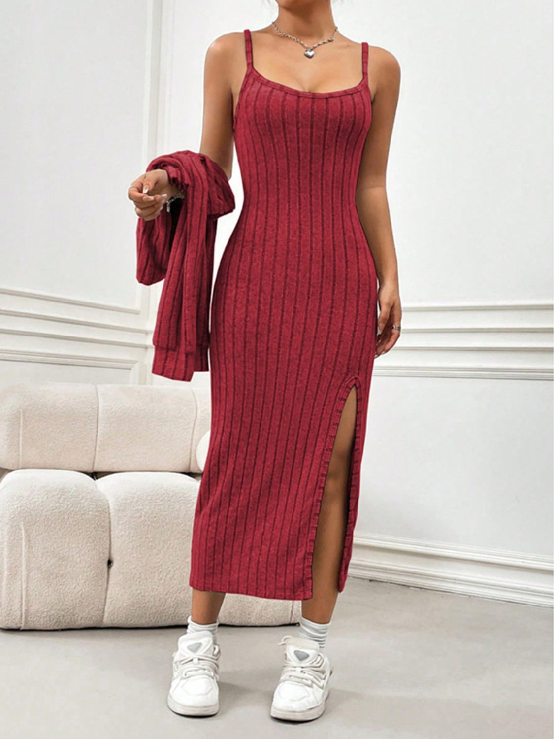 Blue Zone Planet | Christmas Ribbed Long Sleeve Cropped Cardigan and Slit Cami Dress Set-TOPS / DRESSES-[Adult]-[Female]-2022 Online Blue Zone Planet