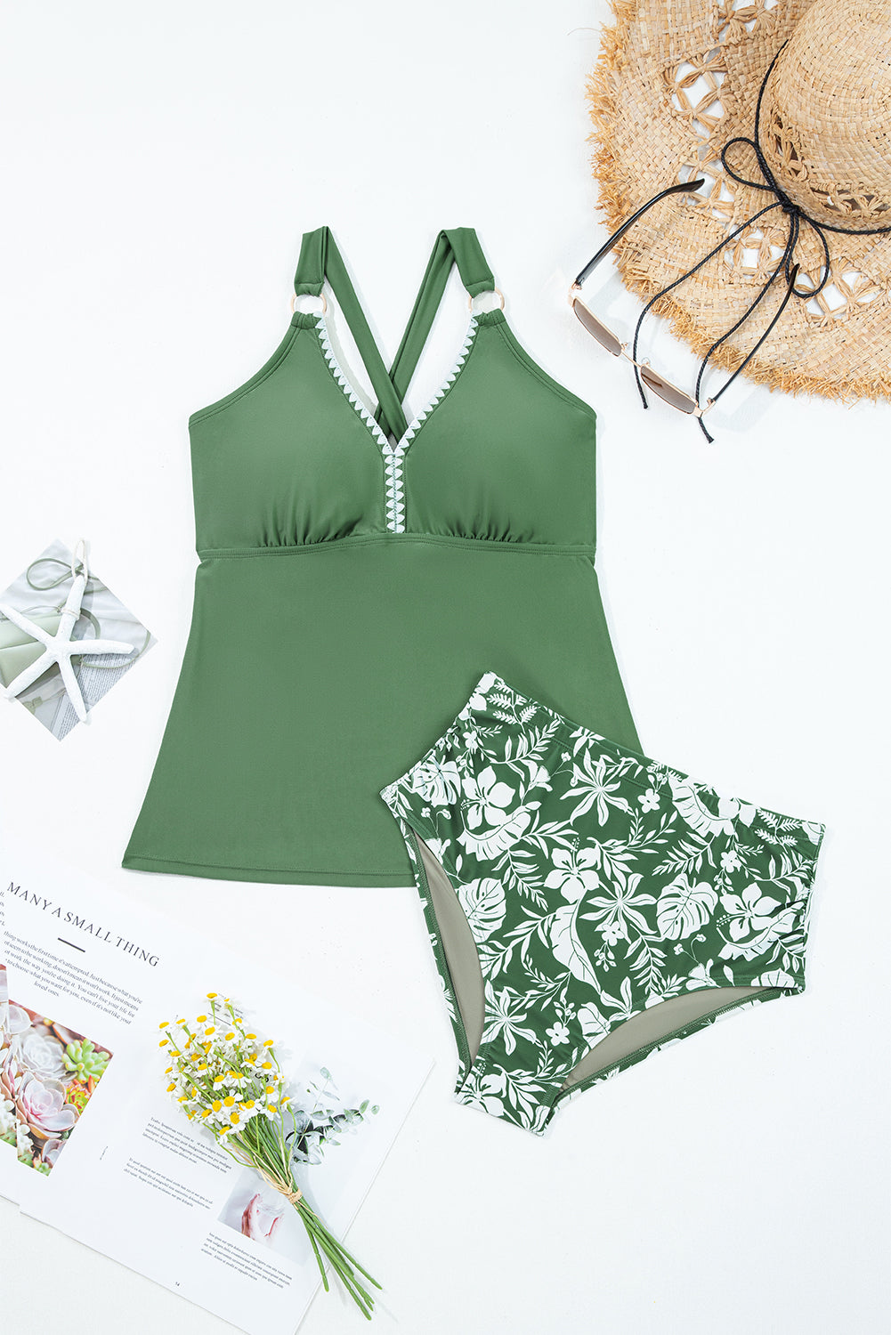 Four Leaf Clover O-ring Knot Back Straps Ricrac Trim V Neck Tankini Contrast Printed Swim Short 2pcs Set-Swimwear/Tankinis-[Adult]-[Female]-2022 Online Blue Zone Planet