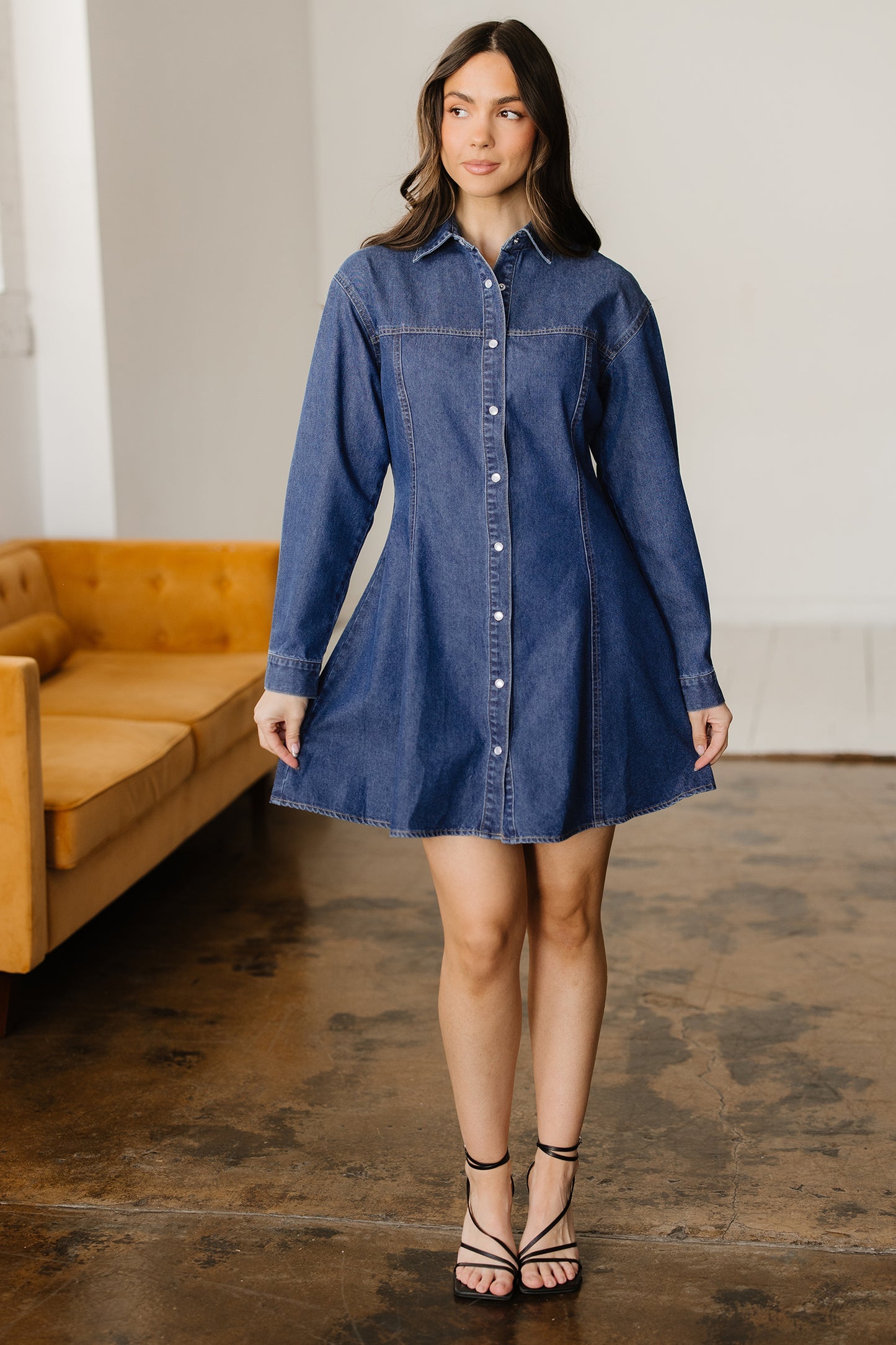 Sunny Angela Women's Modern Denim Long Sleeve Flared Shirt Collar Mini Dress - Sunny Angela Ashleigh Blue / S Sunny Angela Women's Modern Denim Long Sleeve Flared Shirt Collar Mini Dress - Sunny Angela Ashleigh Blue / S