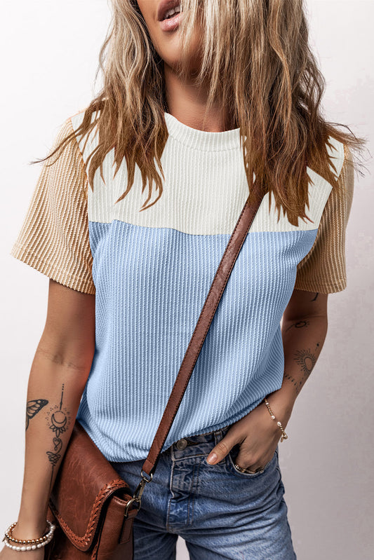 Light Blue Rib Textured Colorblock T Shirt-Tops/Tops & Tees-[Adult]-[Female]-Light Blue-S-2022 Online Blue Zone Planet