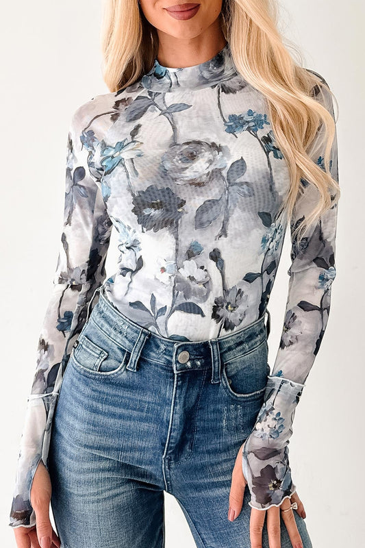 Sky Blue Floral Mesh High Neck Long Sleeve Sheath Top-Tops/Long Sleeve Tops-[Adult]-[Female]-2022 Online Blue Zone Planet