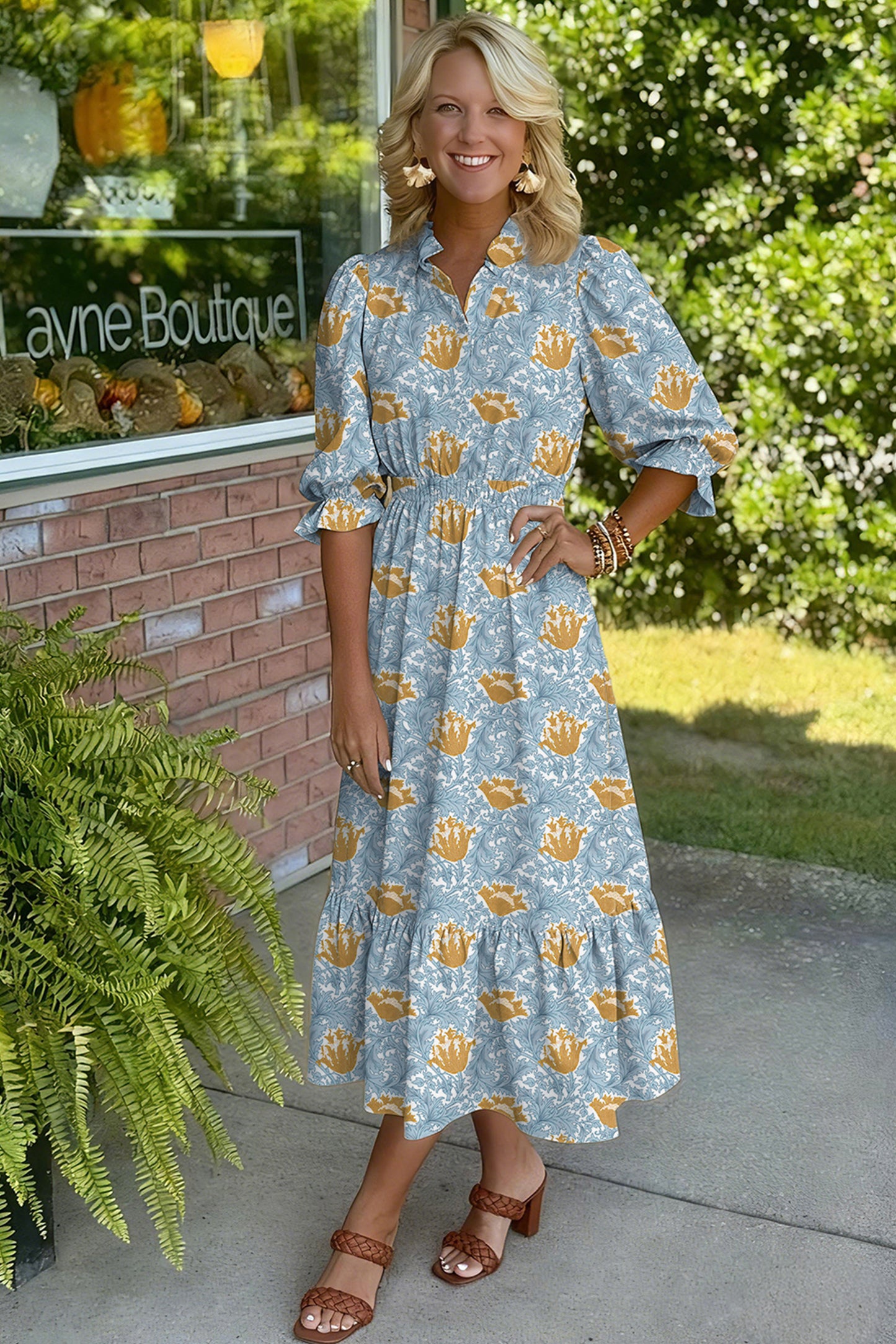 Brown Floral Printed Frilled V Neck Bracelet Sleeve Long Dress-Bracelet-[Adult]-[Female]-2022 Online Blue Zone Planet