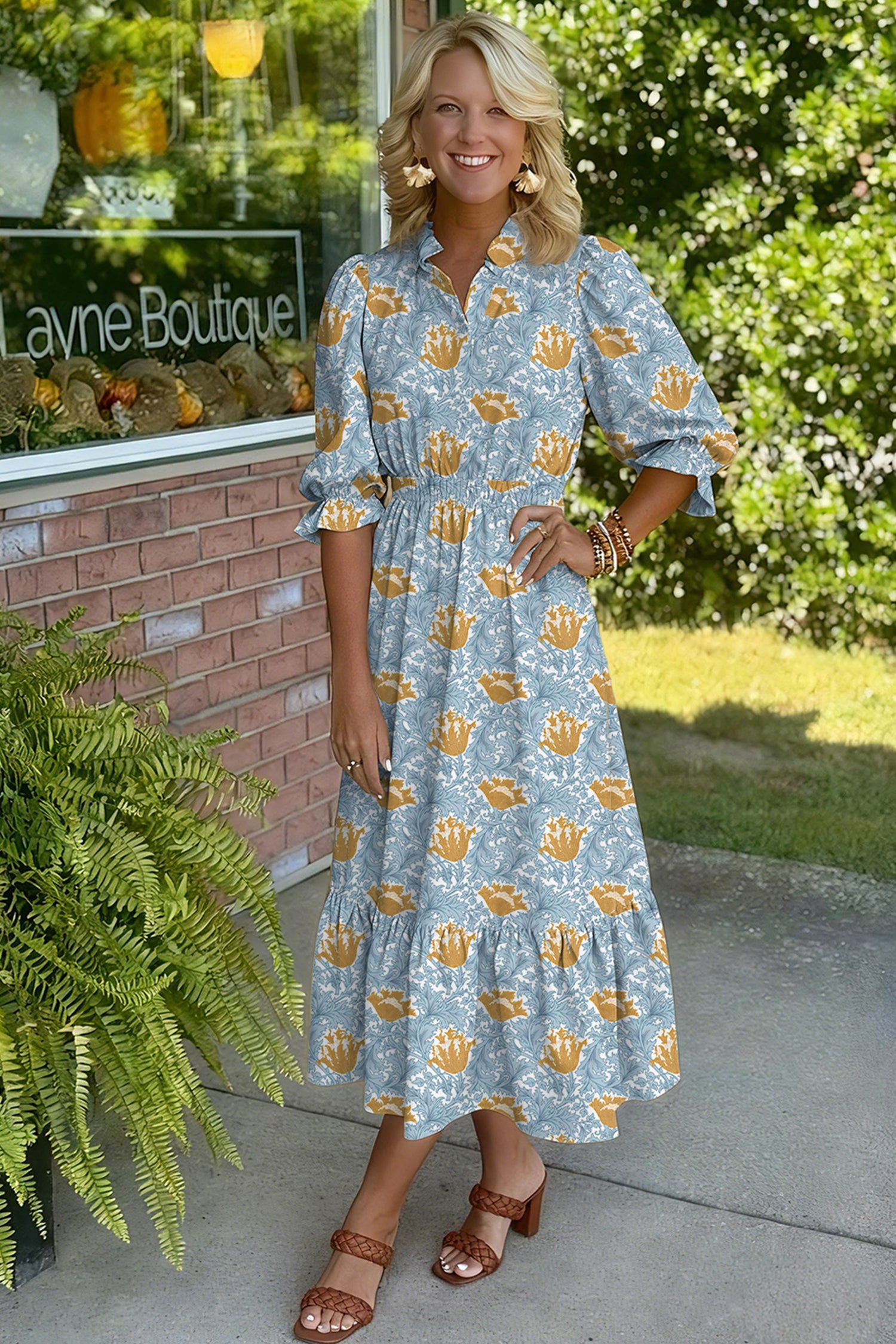 Brown Floral Printed Frilled V Neck Bracelet Sleeve Long Dress-Bracelet-[Adult]-[Female]-2022 Online Blue Zone Planet