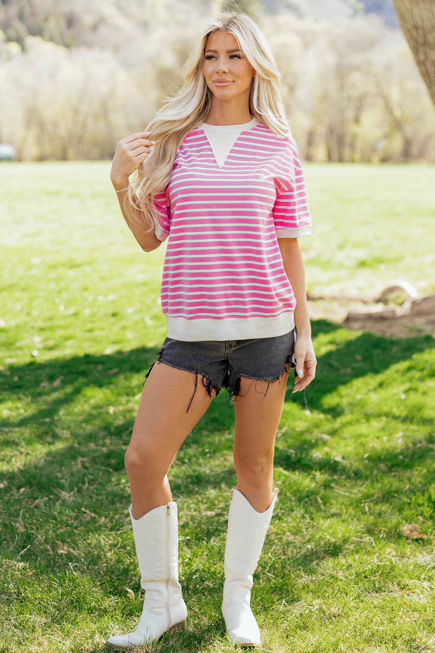 Pink Stripe Round Neck Drop Shoulder Short Sleeve Loose Top-Tops/Tops & Tees-[Adult]-[Female]-2022 Online Blue Zone Planet