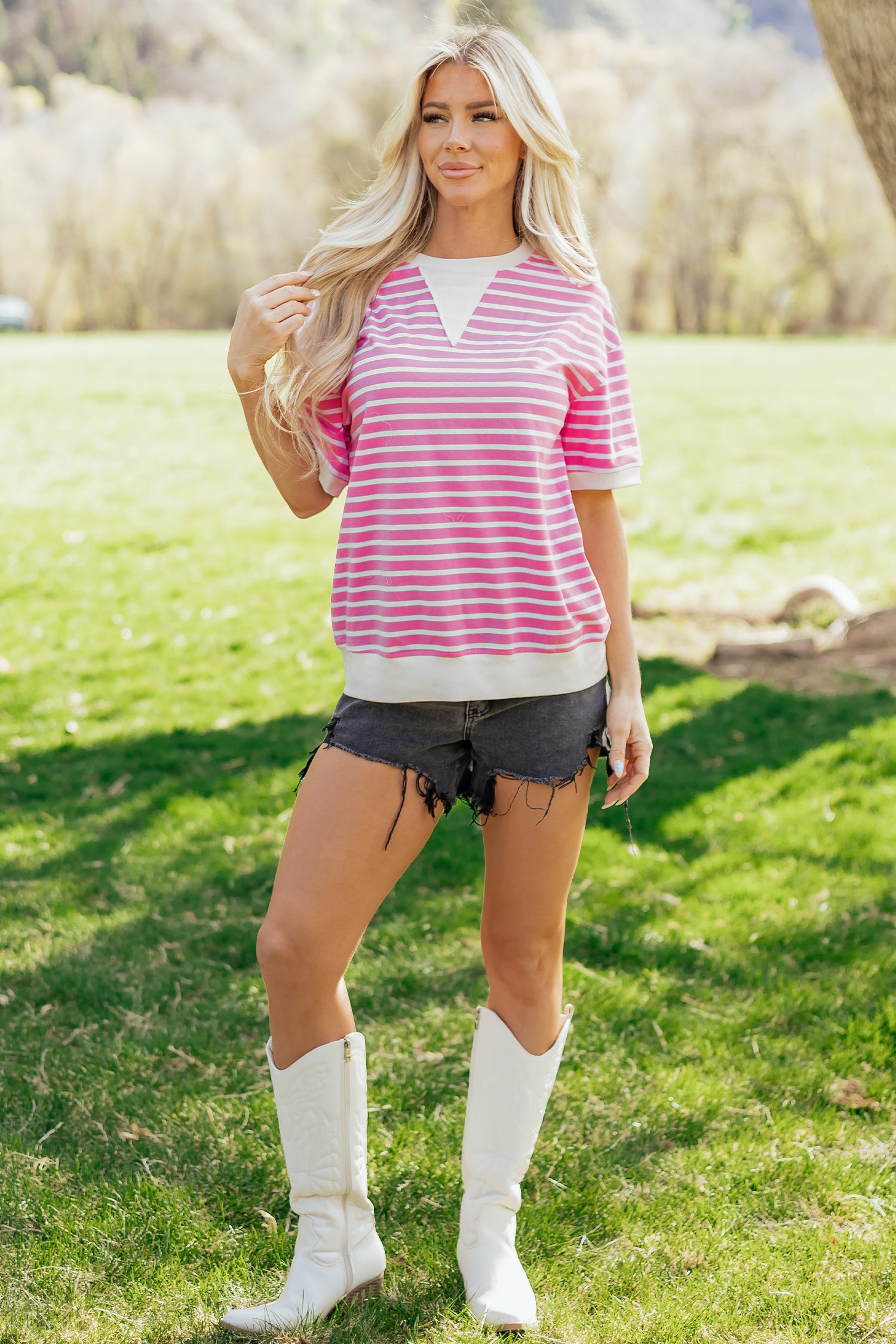 Pink Stripe Round Neck Drop Shoulder Short Sleeve Loose Top-Tops/Tops & Tees-[Adult]-[Female]-2022 Online Blue Zone Planet
