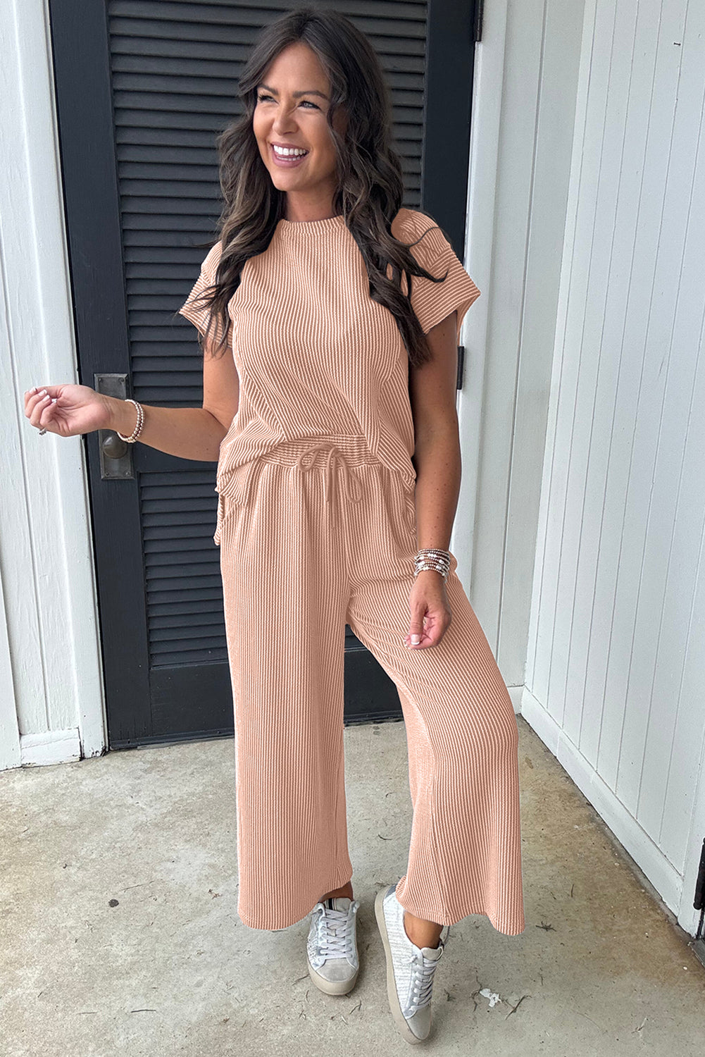Smoke Gray Solid Corded Knit Short Sleeve T Shirt And Wide Leg Pants Set-Two Piece Sets/Pant Sets-[Adult]-[Female]-2022 Online Blue Zone Planet