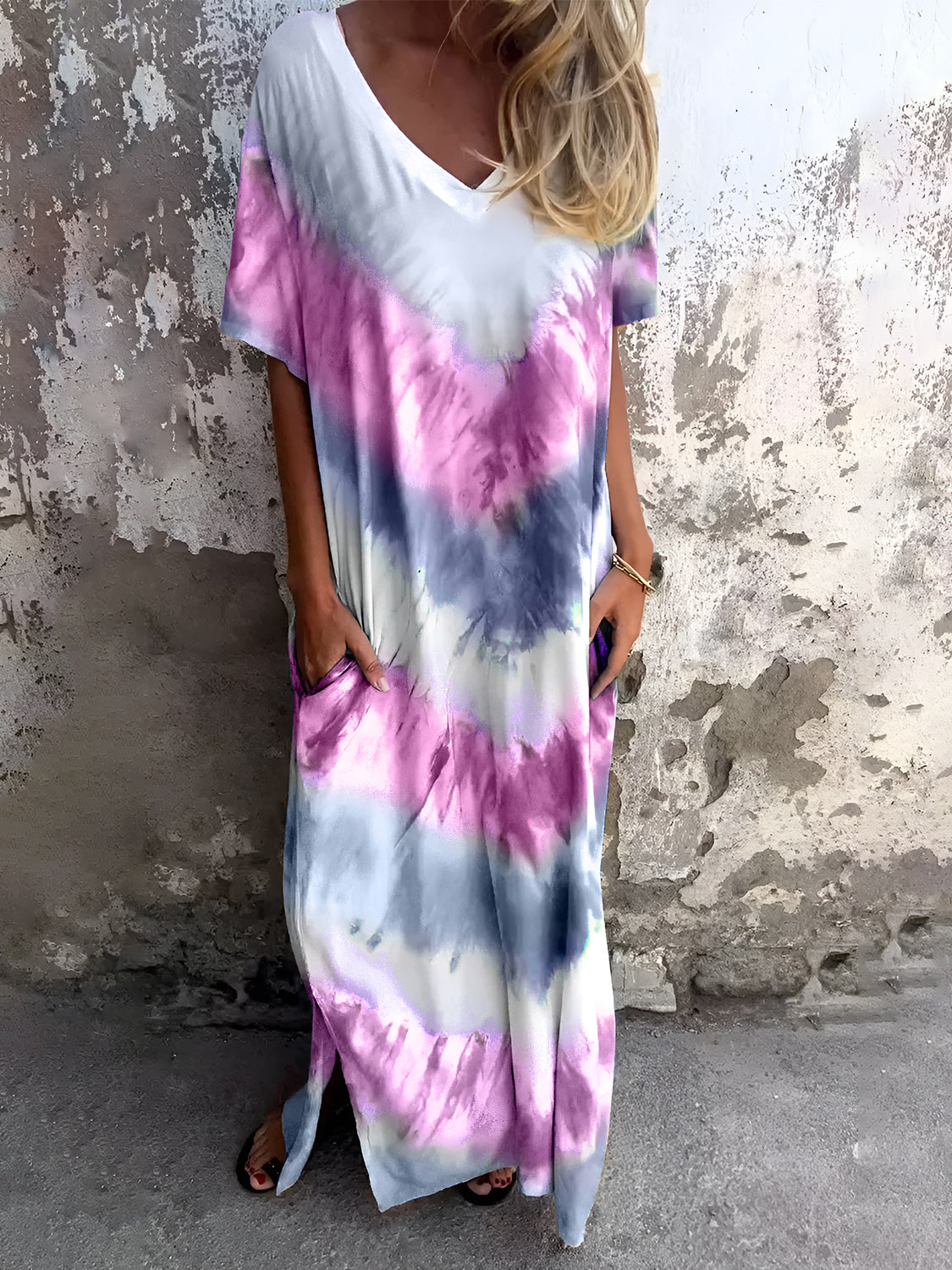 Full Size Pocketed Tie-Dye Short Sleeve Dress - Blue Zone Planet Fuchsia Pink / M by Blue Zone Planet