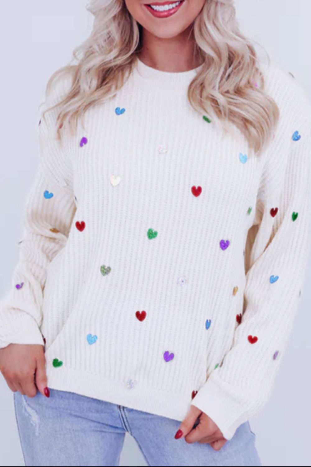 Heart Sequin Round Neck Long Sleeve Sweater-TOPS / DRESSES-[Adult]-[Female]-2022 Online Blue Zone Planet